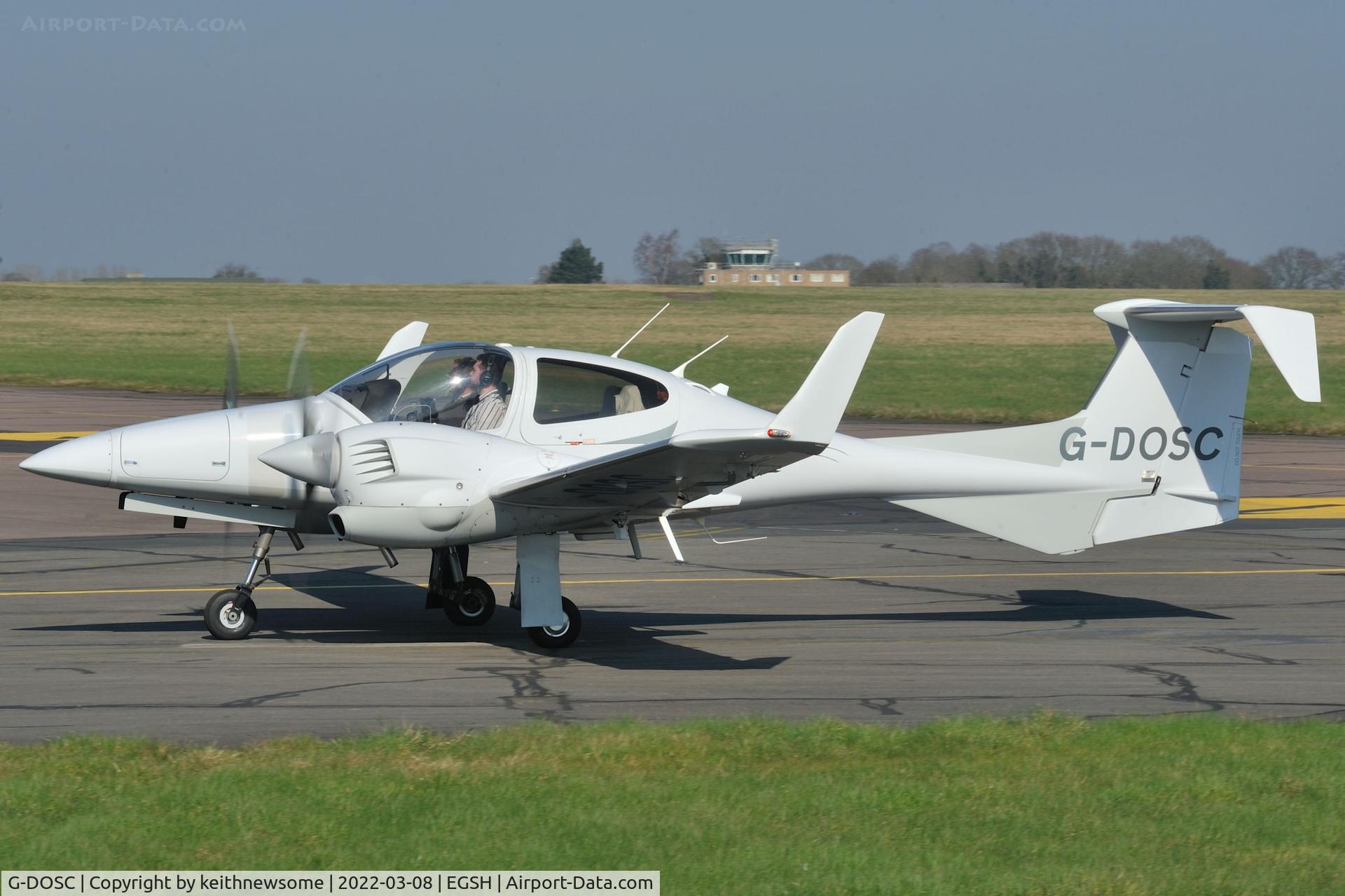 G-DOSC, Diamond DA-42M Twin Star C/N 42M.001, Arriving at Norwich from Bournemouth.