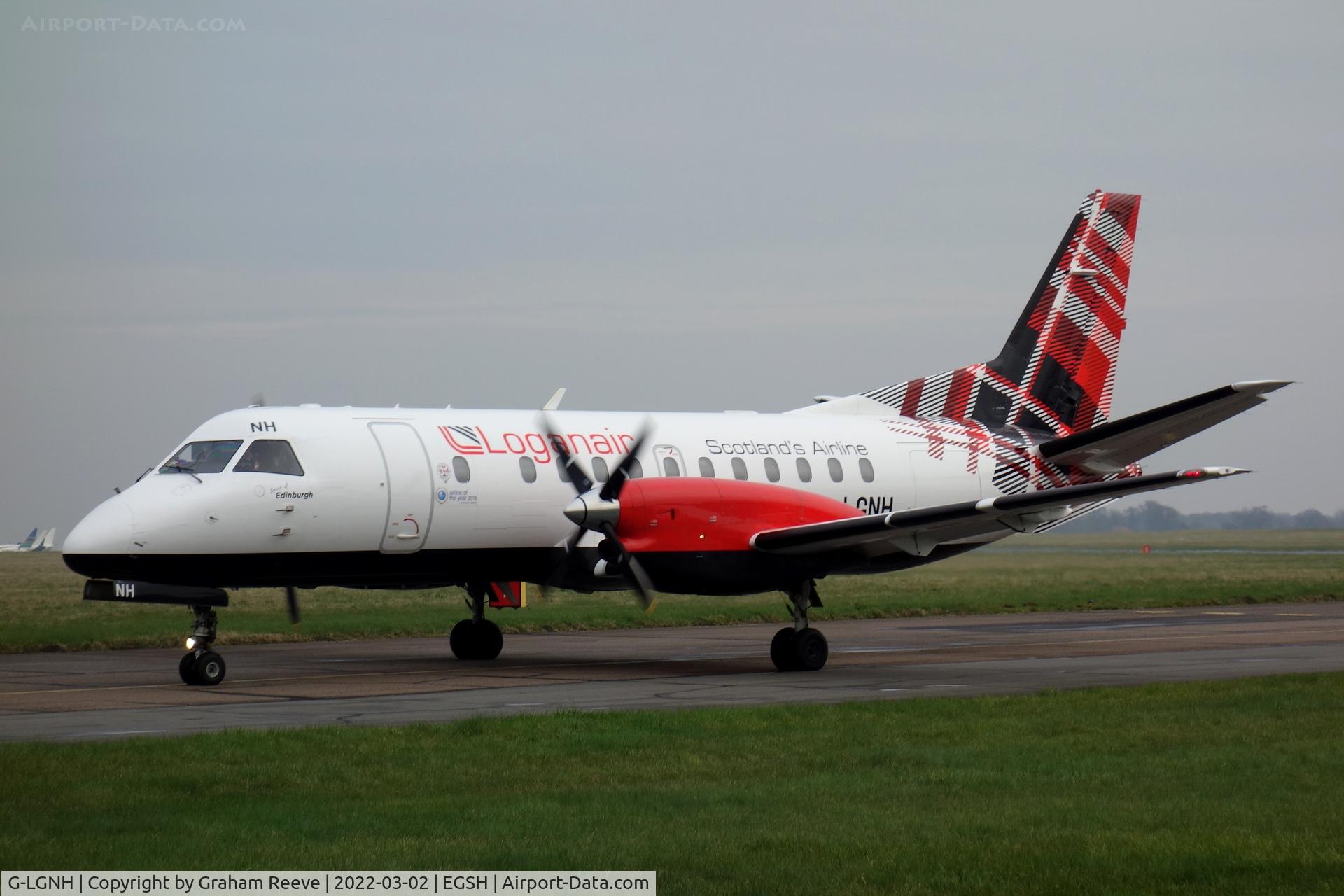 G-LGNH, 1993 Saab SF340B C/N 340B-333, Departing from Norwich.