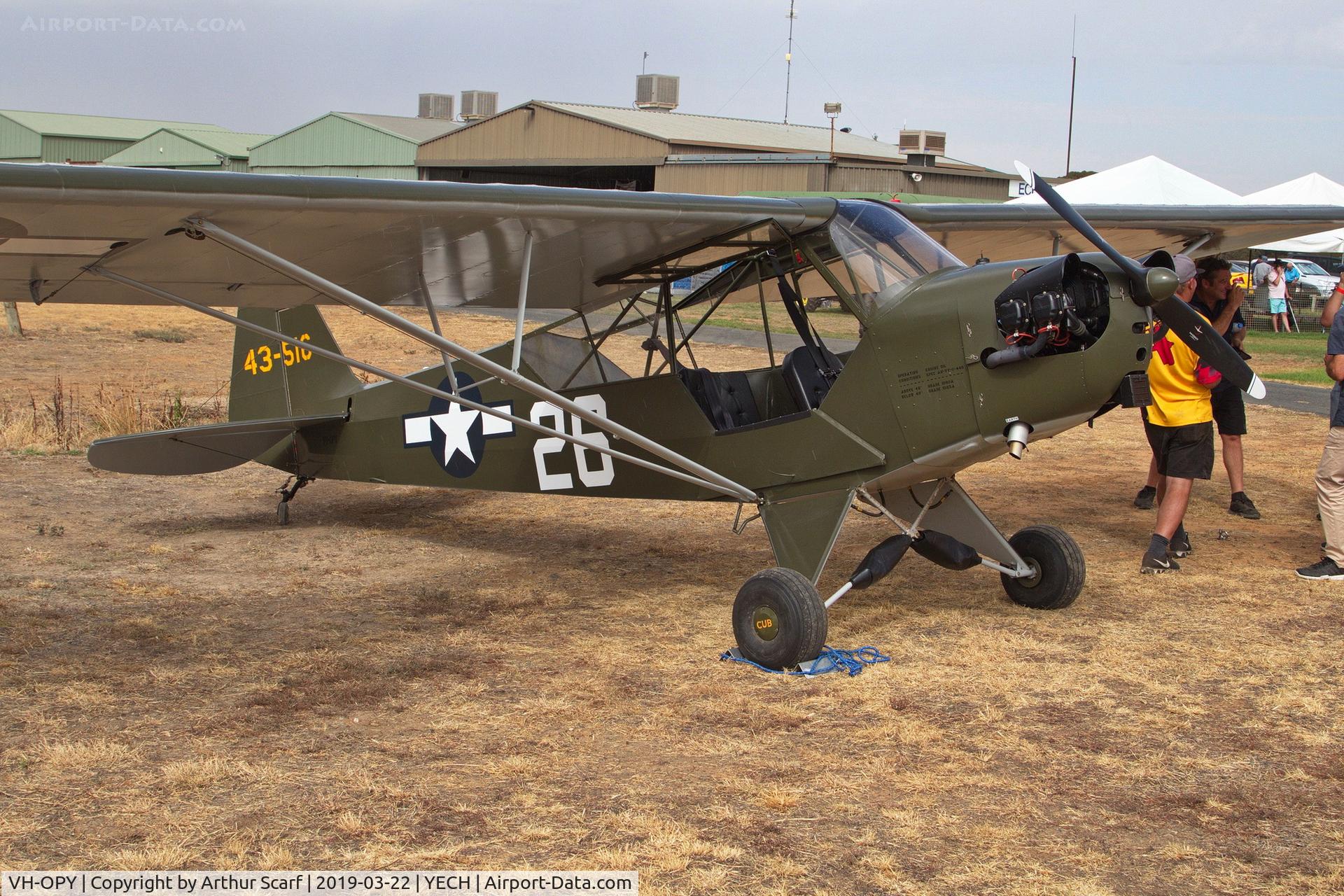 VH-OPY, 1942 Piper L-4B Grasshopper C/N 9377, Antique Aircraft Assn of Australia fly in at Echuca YECH March 2019