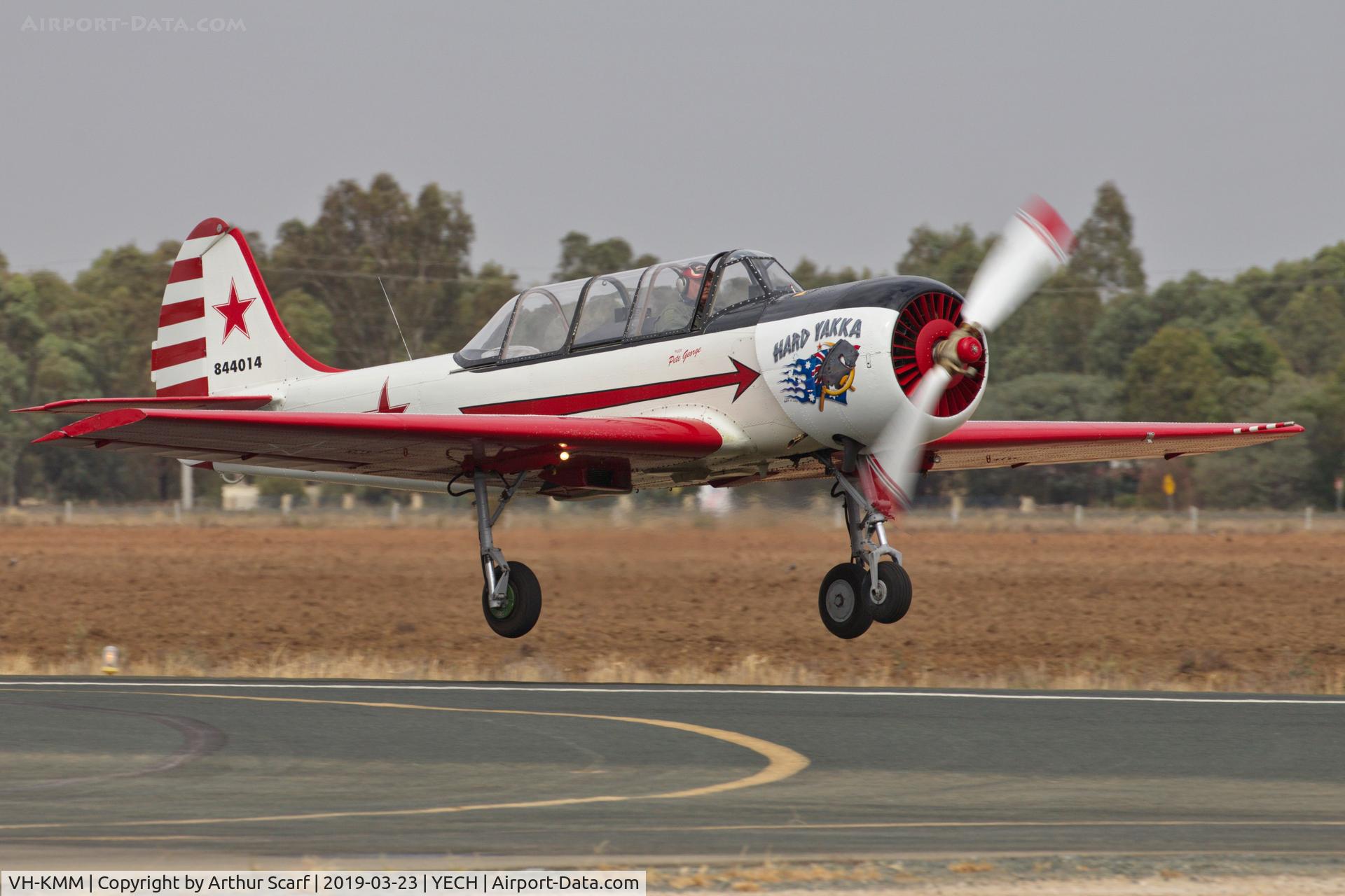 VH-KMM, 1986 Yakovlev Yak-52 C/N 844014, Antique Aeroplane Association of Australia fly in Echuca Vic 2019