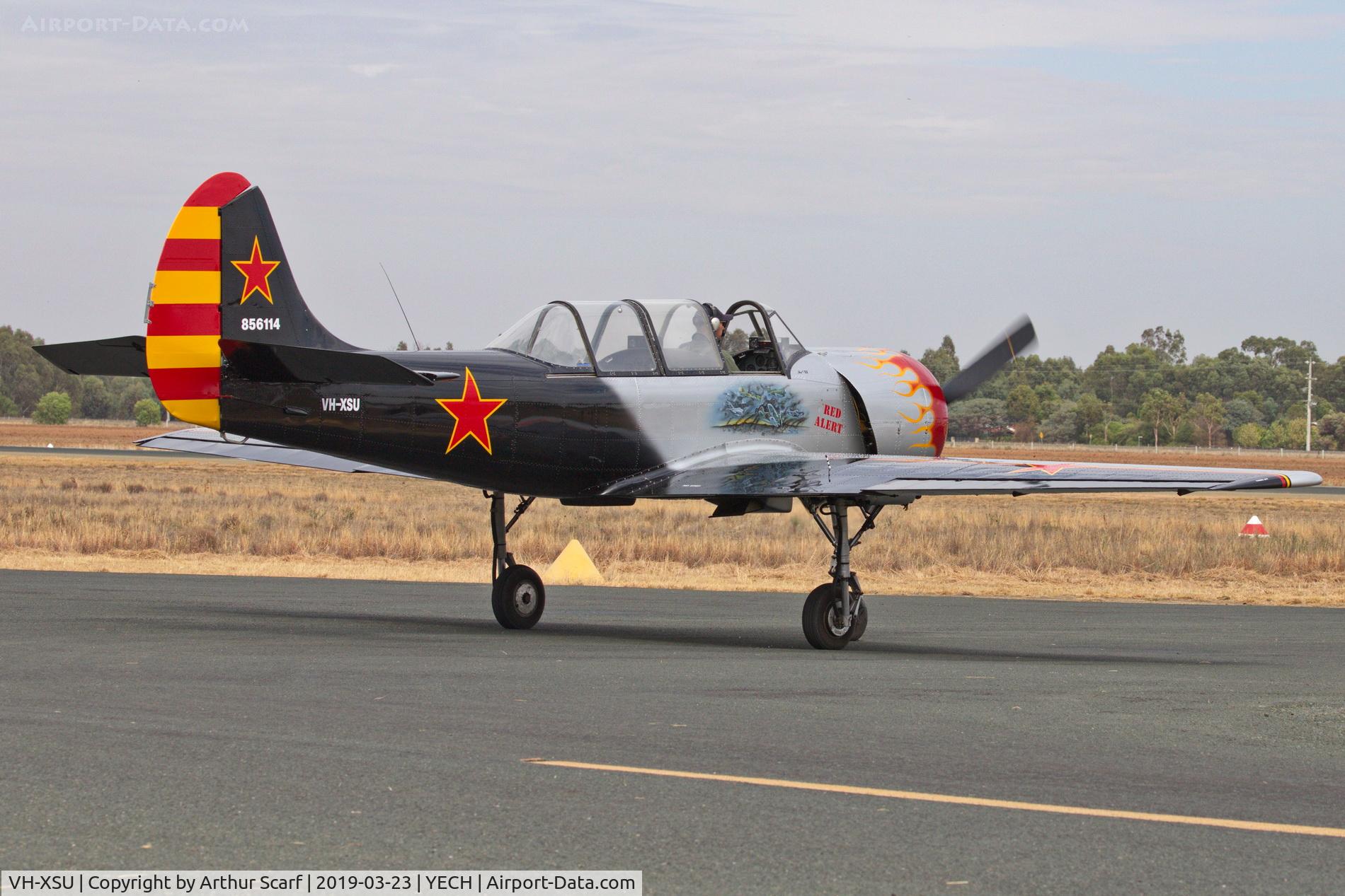 VH-XSU, 1985 Yakovlev Yak-52 C/N 856114, Antique Aeroplane Association of Australia fly in Echuca Vic 2019