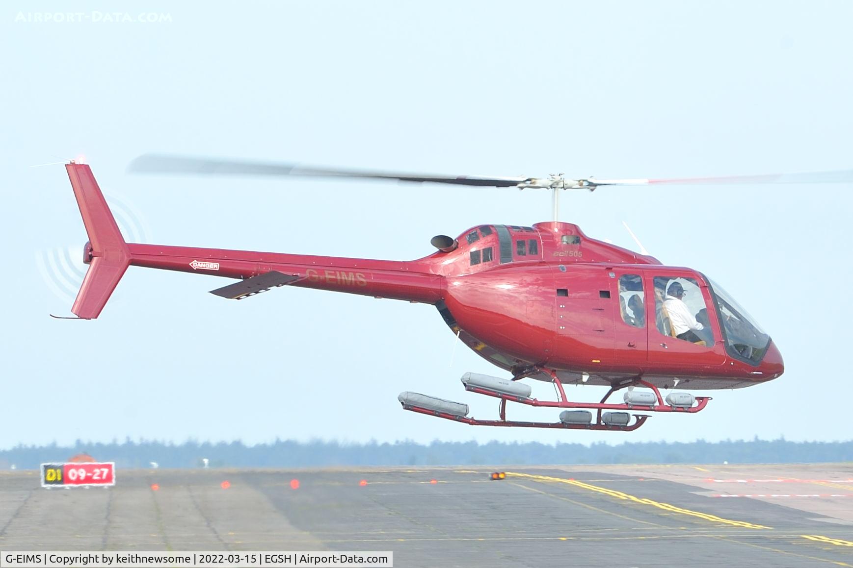 G-EIMS, 2019 Bell 505 Jet Ranger X C/N 65213, Leaving Norwich for Surrey.