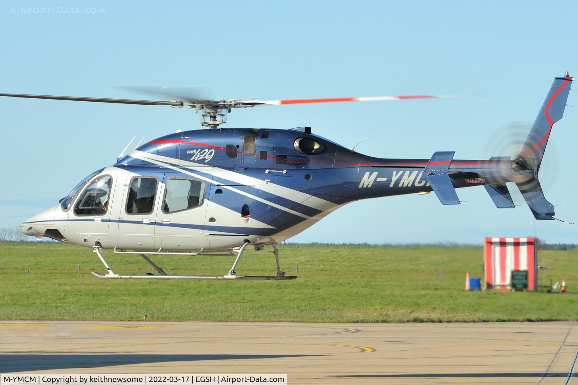 M-YMCM, 2012 Bell 429 GlobalRanger C/N 57107, Leaving Norwich.