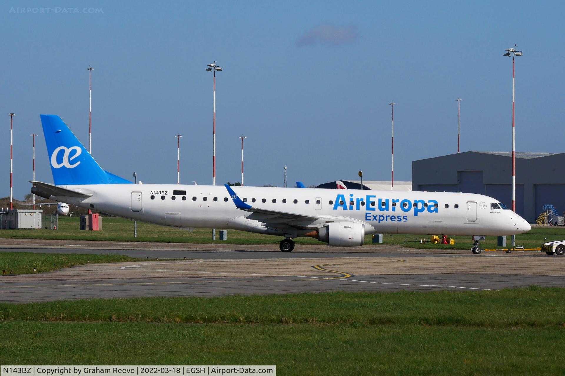 N143BZ, 2009 Embraer 195LR (ERJ-190-200LR) C/N 19000276, Under tow at Norwich.