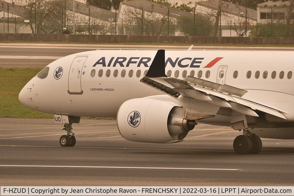 F-HZUD, 2021 Airbus A220-300 C/N 55141, Sahara yellow sand storm over Lisbon airport