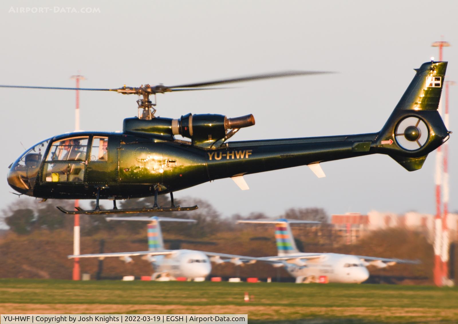 YU-HWF, 1977 Aerospatiale SA-341G Gazelle C/N 1407, Departing Norwich.