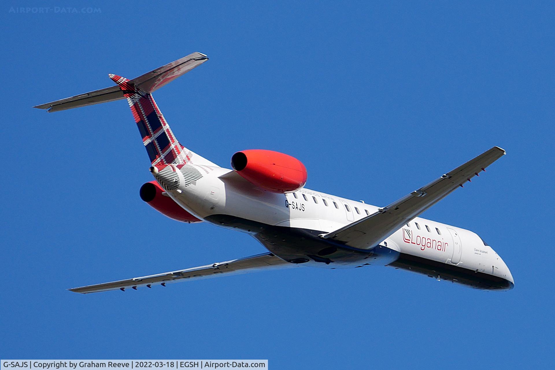 G-SAJS, 2001 Embraer EMB-145EP (ERJ-145EP) C/N 145390, Departing from Norwich.