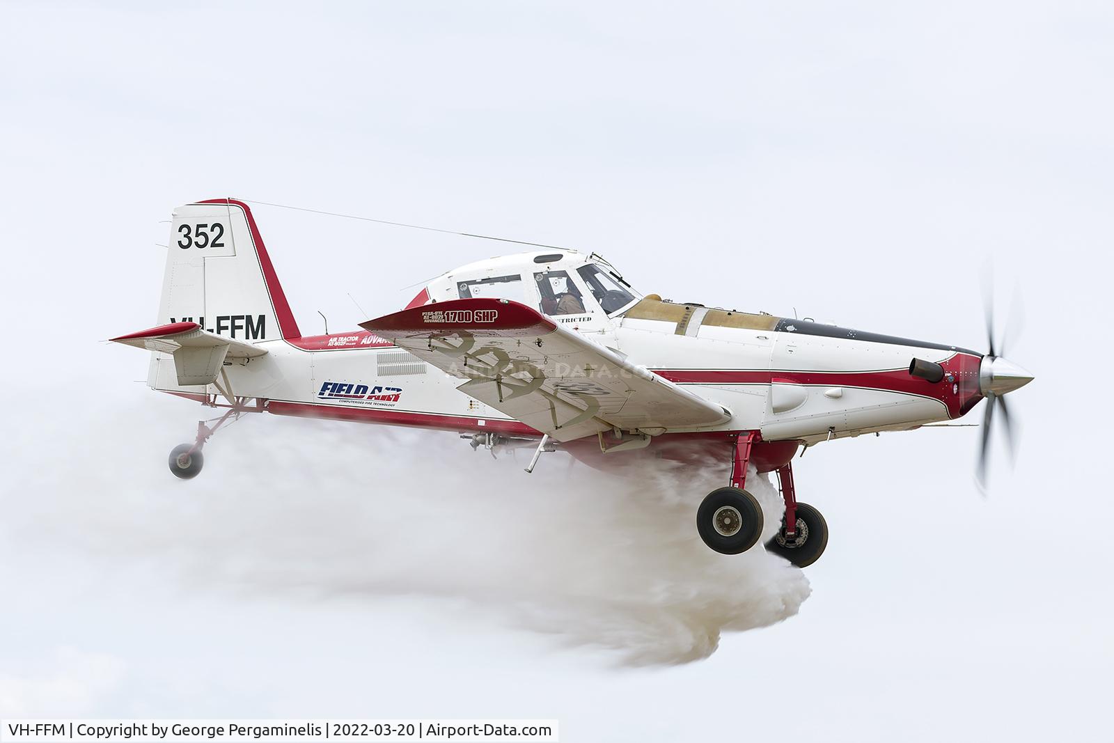 VH-FFM, 1999 Air Tractor AT-802 C/N 802-0073, This aircraft performed a fire-bombing demo at the Serpentine Air Race Centennial Celebration Airshow.

Flown by a pilot with 18,000 Ag hours, 10,000 of which is on Air Tractors!