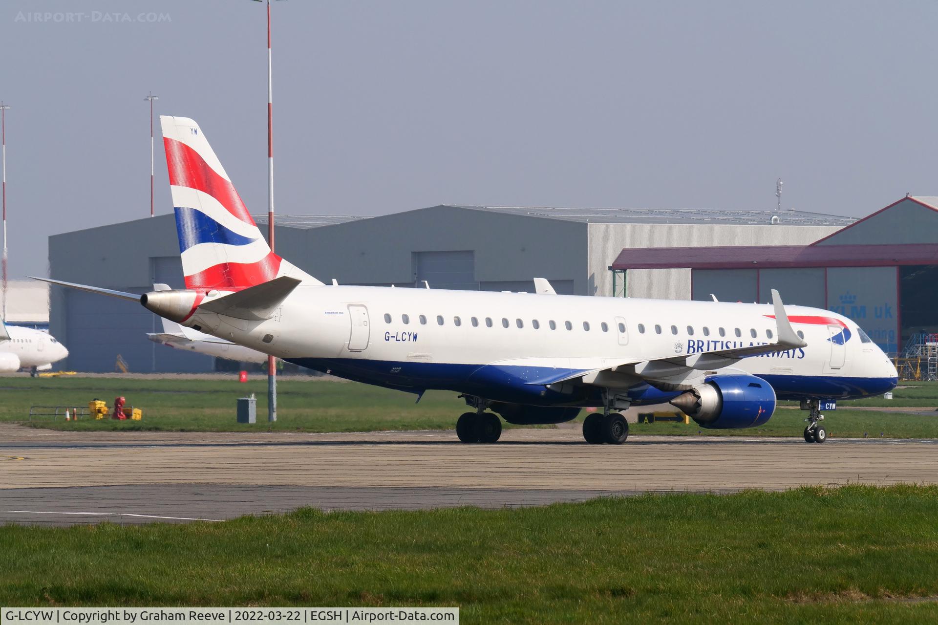 G-LCYW, 2008 Embraer 190SR (ERJ-190-100SR) C/N 19000163, Just landed at Norwich.