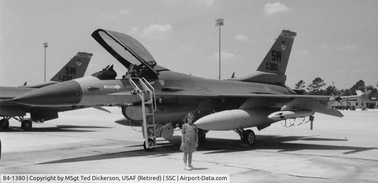 84-1380, 1984 General Dynamics F-16C Fighting Falcon C/N 5C-162, Photo taken at Shaw AFB, SC.  The aircraft, named Miss USA, had been received and assigned to the 17th TFS (Hooters) before being transferred to the 19 TFS (Gamecocks).  My daughter Jessica appears in the photo with HER jet.