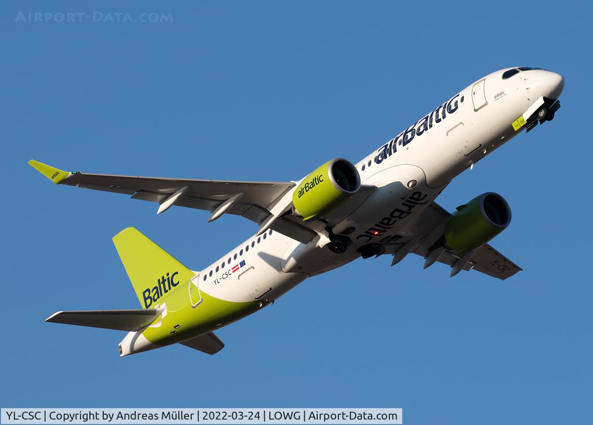 YL-CSC, 2017 Bombardier CSeries CS300 (BD-500-1A11) C/N 55005, Takeoff to Stuttgart.