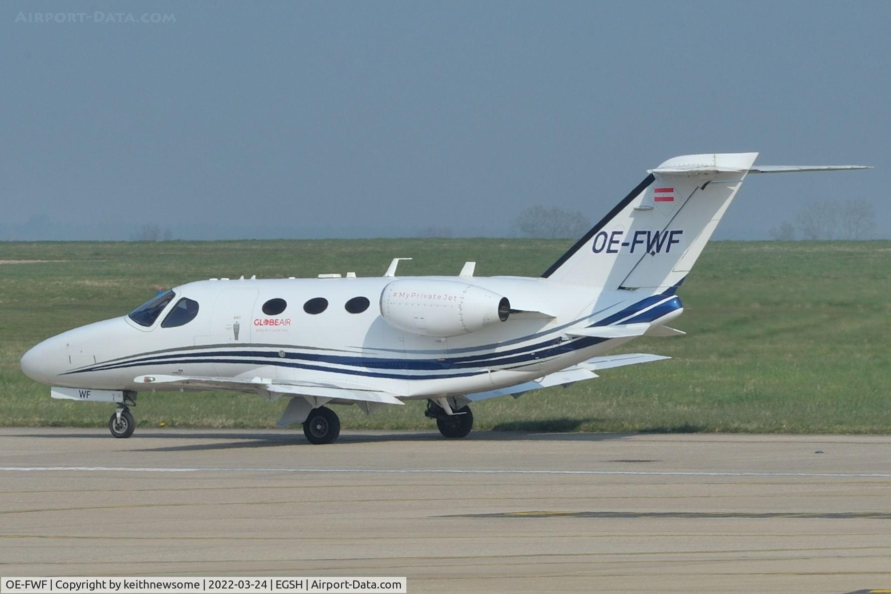 OE-FWF, 2007 Cessna 510 Citation Mustang Citation Mustang C/N 510-0048, Arriving at Norwich from Amsterdam.