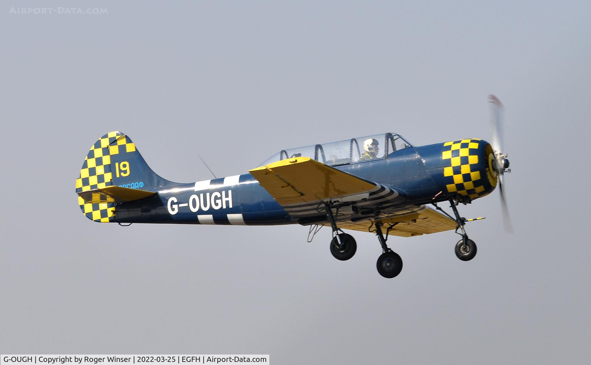 G-OUGH, 1987 Bacau Yak-52 C/N 877404, Resident Yak-52 departing Runway 04.