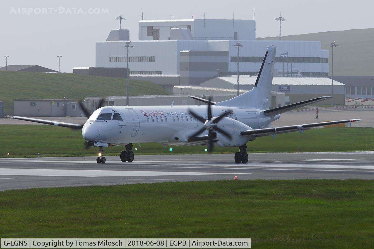 G-LGNS, 1996 Saab 2000 C/N 2000-041, Sumburgh Airport in the background