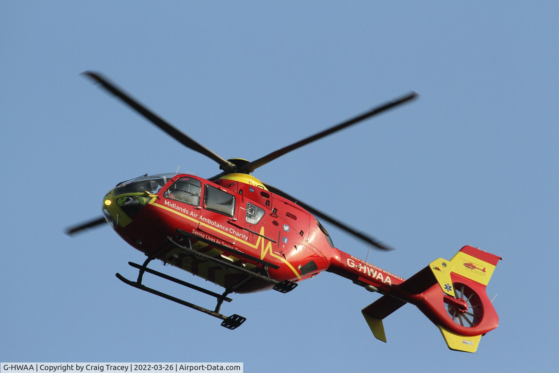 G-HWAA, 2005 Eurocopter EC-135T-2 C/N 0375, Babcock owned G-HWAA (EC135) of the Midlands air ambulance charity seen here landing at the university hospital of Stoke.
