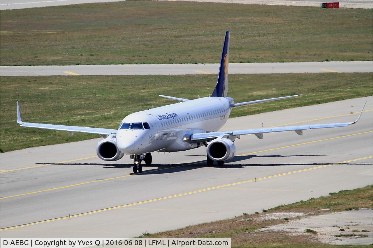 D-AEBG, 2011 Embraer 195LR (ERJ-190-200LR) C/N 19000423, Embraer ERJ-195LR, Taxiing to holding point rwy 31R, Marseille-Provence Airport (LFML-MRS)