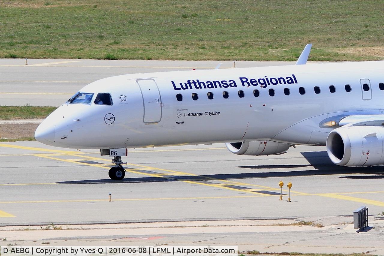 D-AEBG, 2011 Embraer 195LR (ERJ-190-200LR) C/N 19000423, Embraer ERJ-195LR, Holding point rwy 31R, Marseille-Provence Airport (LFML-MRS)