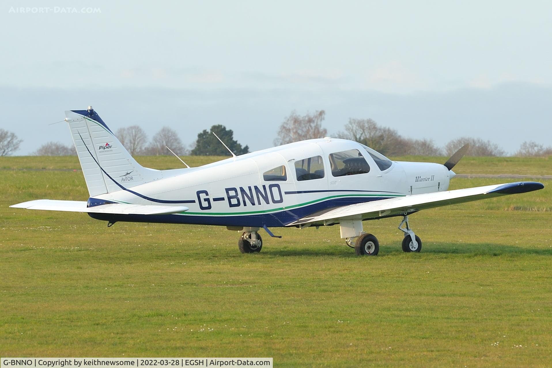 G-BNNO, 1981 Piper PA-28-161 Cherokee Warrior II C/N 28-8116099, Parked at Norwich with revised colour scheme.