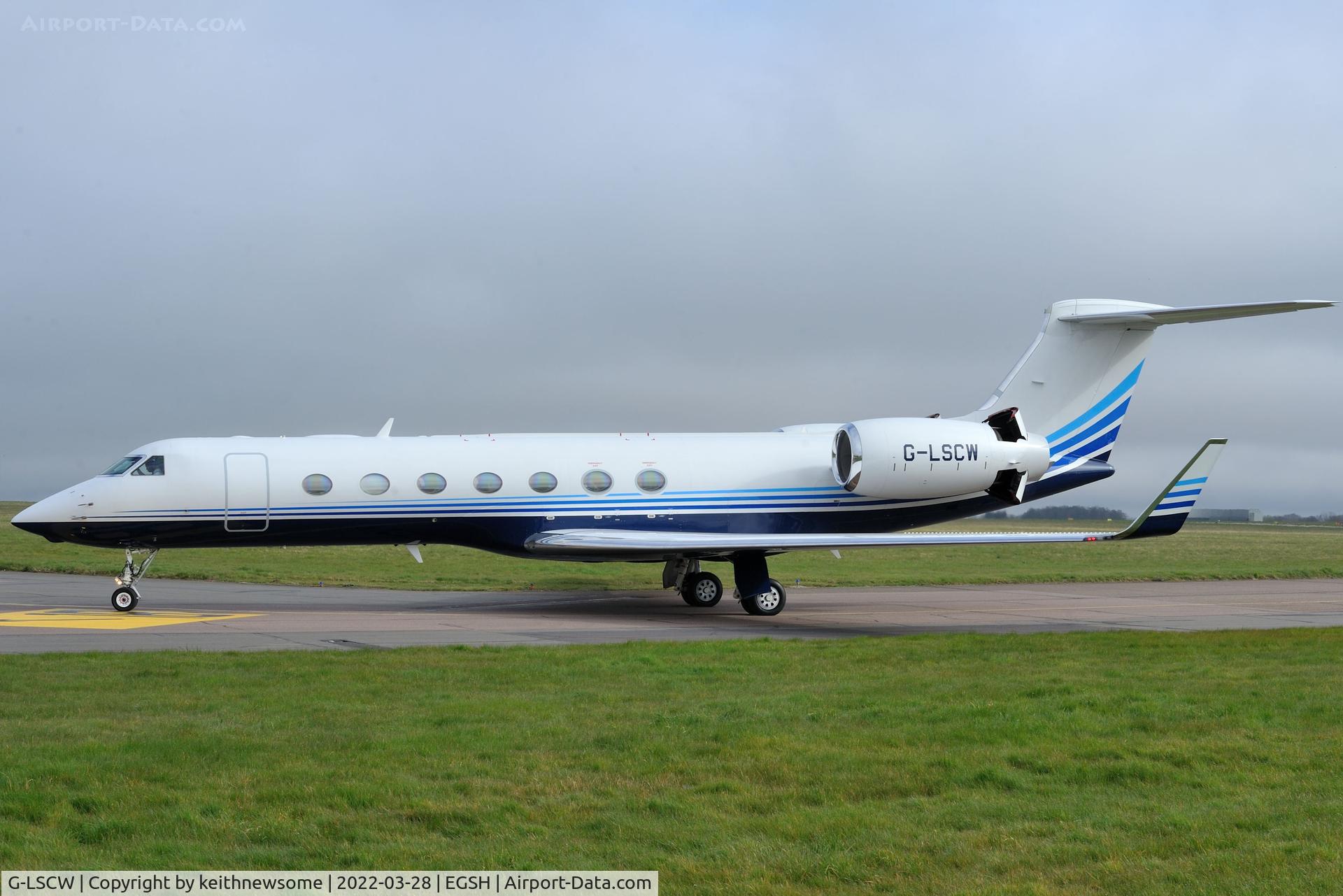 G-LSCW, 2014 Gulfstream Aerospace GV-SP (G550) C/N 5471, Arriving at Norwich from East Midlands Airport.