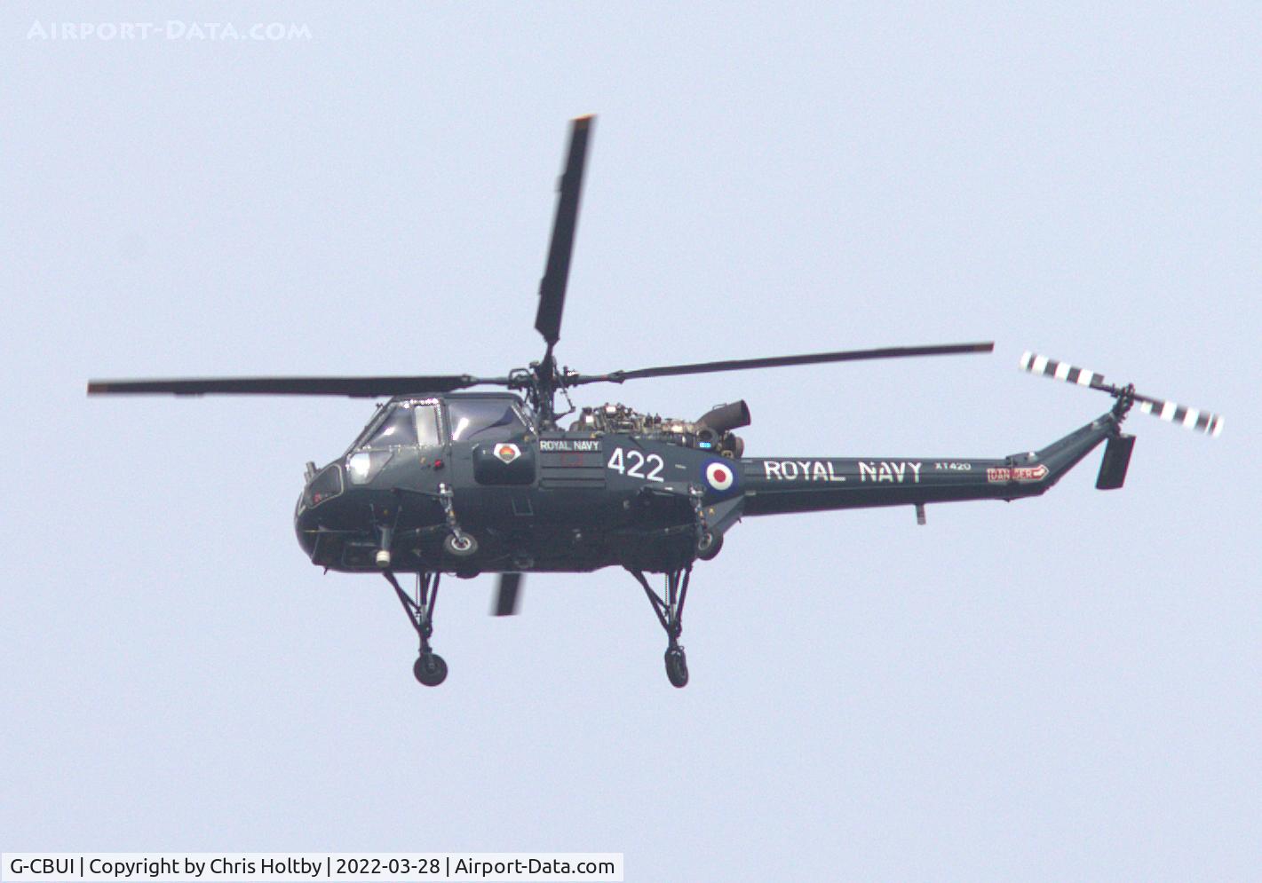 G-CBUI, 1964 Westland Wasp HAS.1 C/N F9590, Ex-Royal Navy Westland Wasp (XT420) over Potters Bar, Herts. Restored to original Navy livery based at RNAS Yeovilton.