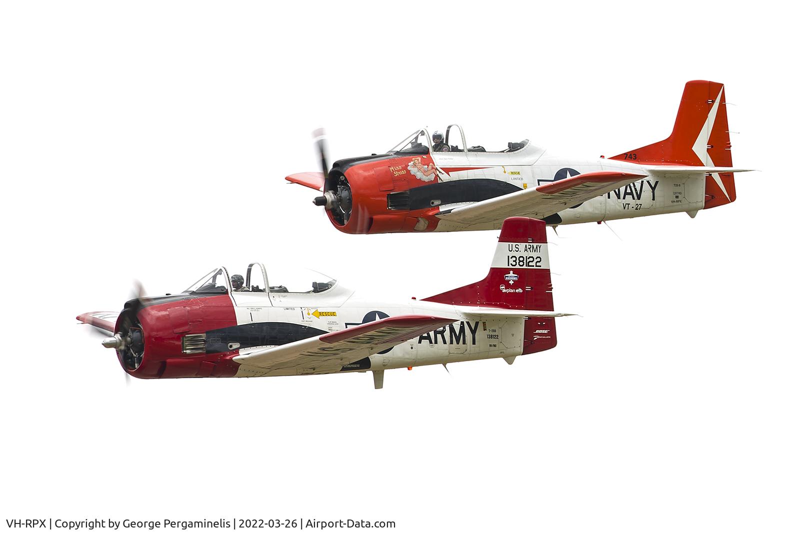 VH-RPX, 1956 North American T-28B Trojan C/N 200-106, Warbirds Over Scone 2022. In the air with another T-28B, VH-FNO.