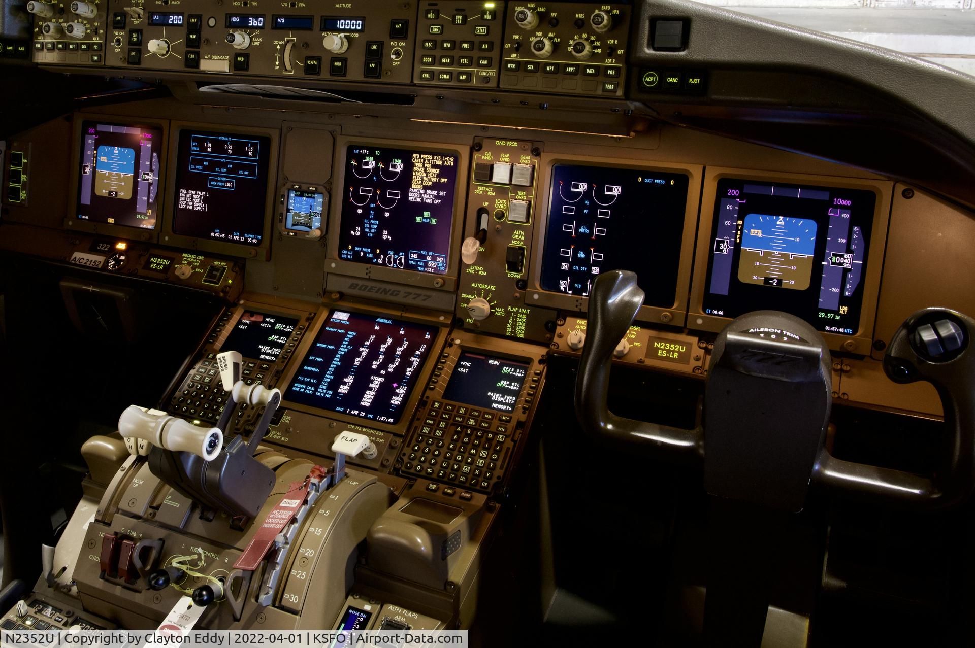 N2352U, 2020 Boeing 777-300/ER C/N 66592, Flightdeck SFO 2022.