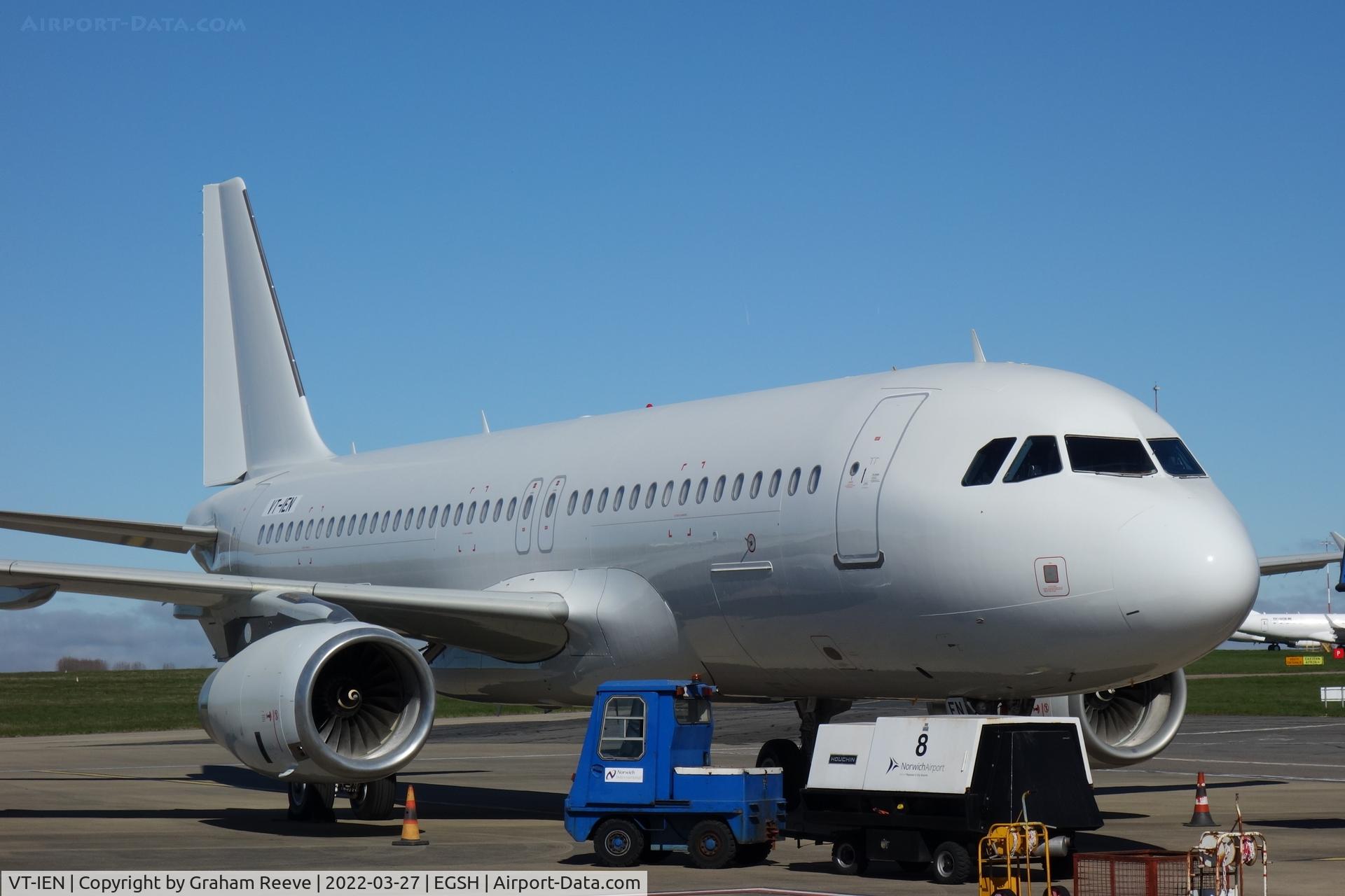 VT-IEN, 2011 Airbus A320-232 C/N 4954, On stand at Norwich.