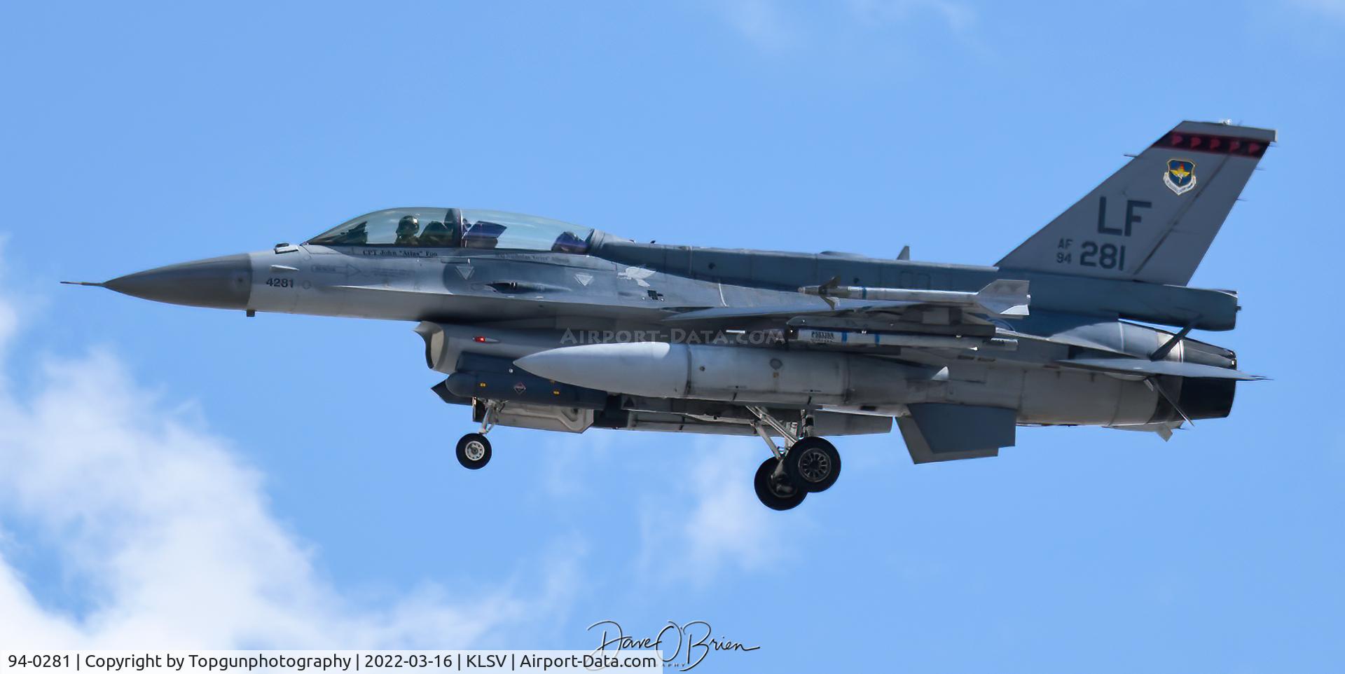 94-0281, 1995 Lockheed F-16D Fighting Falcon C/N DB-8, A RSAF from the 425th FS out of Luke AFB comes in to land at Nellis