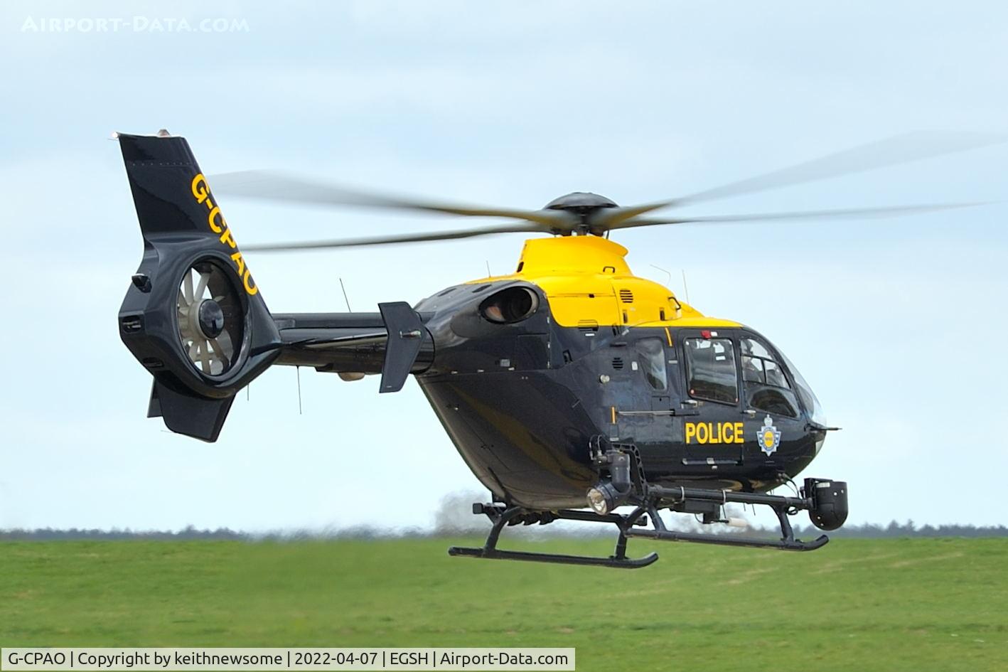 G-CPAO, 2009 Eurocopter EC-135P-2+ C/N 843, Leaving Norwich following fuel stop.