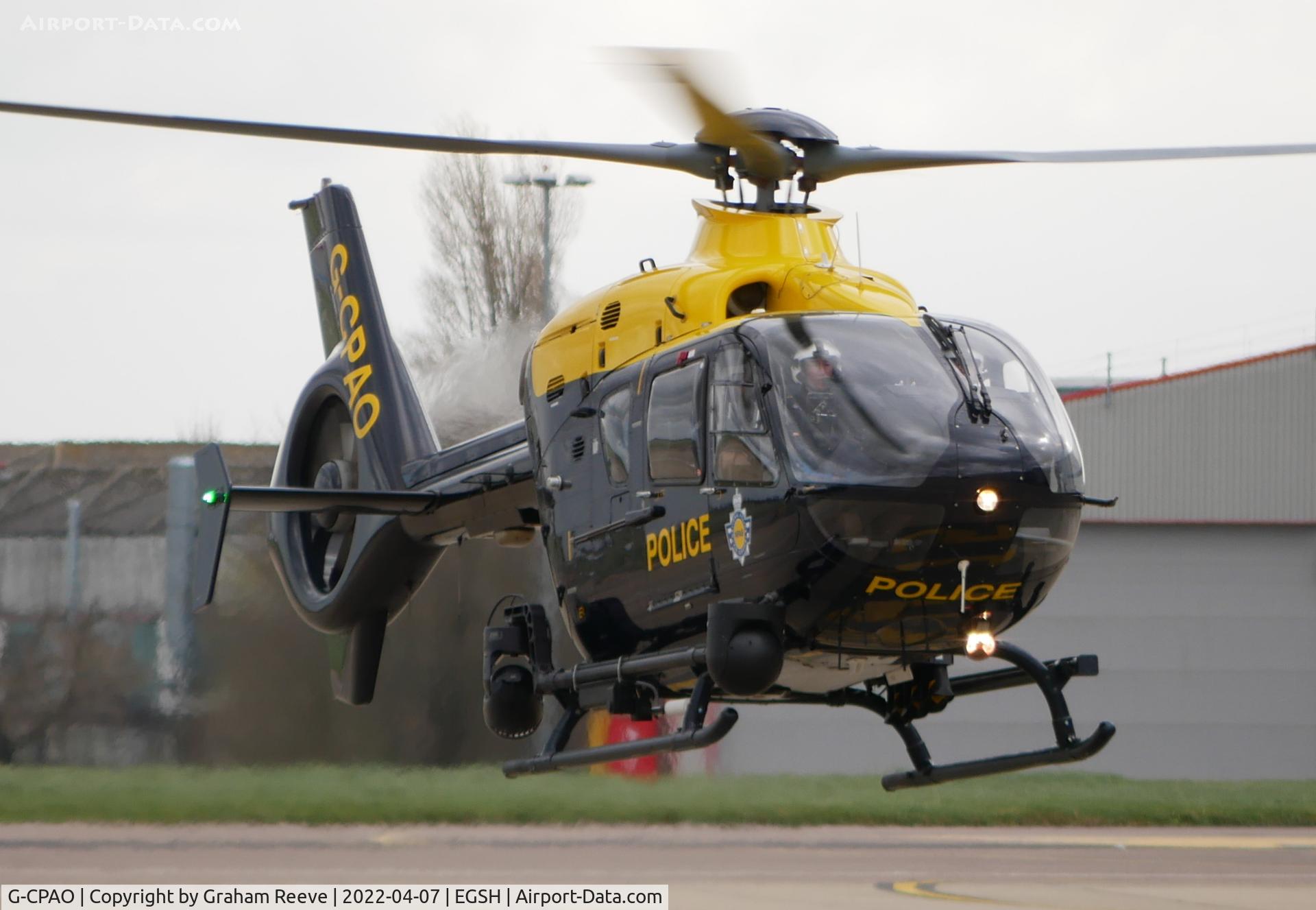 G-CPAO, 2009 Eurocopter EC-135P-2+ C/N 843, Departing from Norwich.