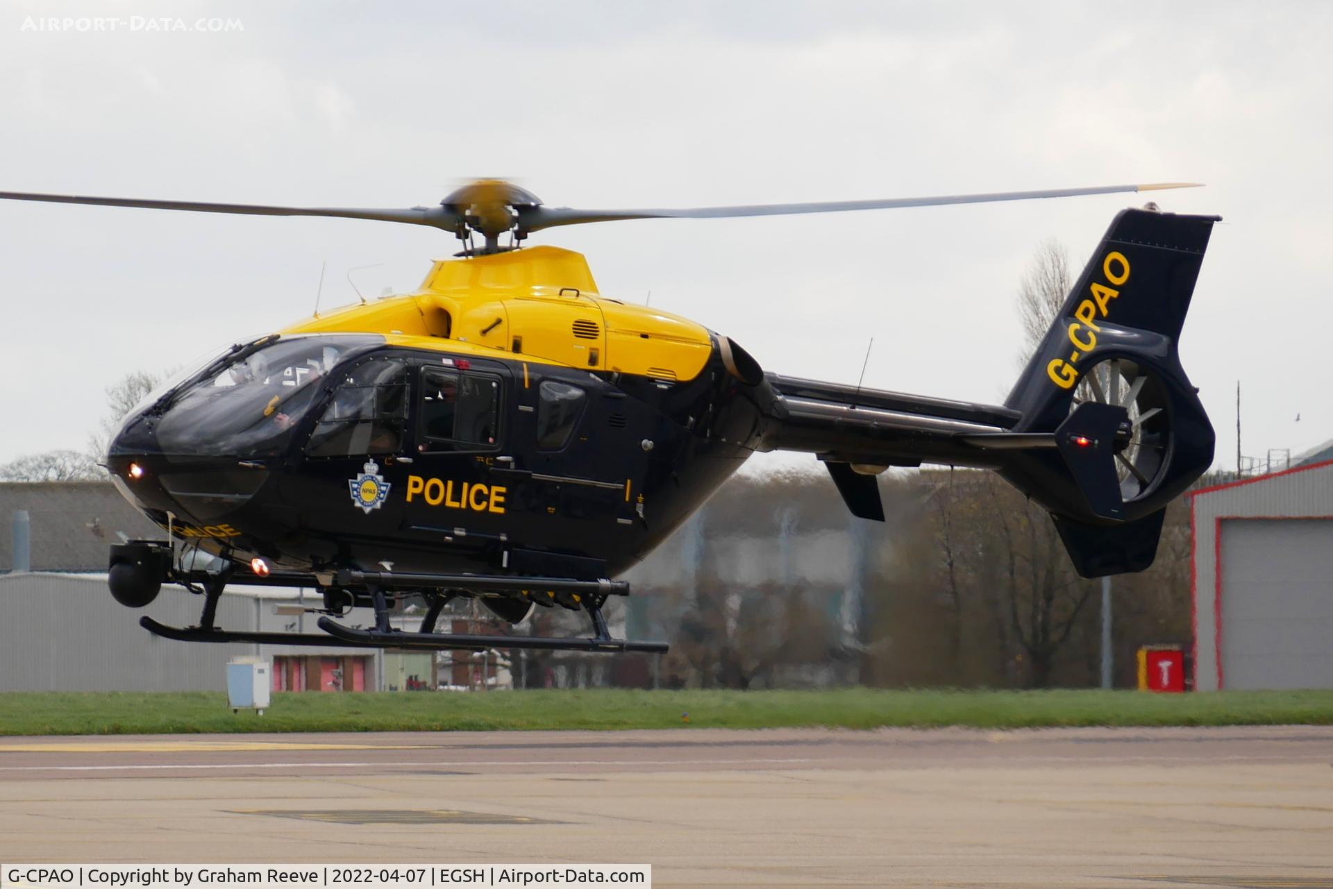 G-CPAO, 2009 Eurocopter EC-135P-2+ C/N 843, Departing from Norwich.