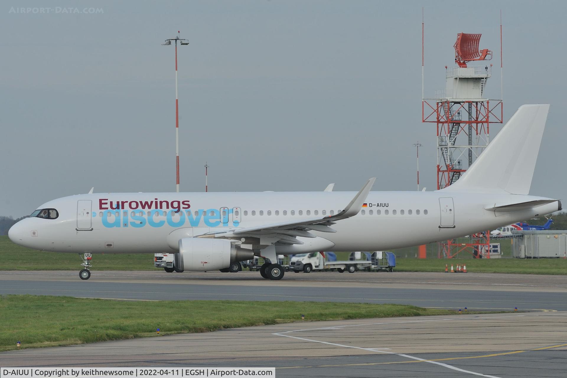 D-AIUU, 2016 Airbus A320-214 C/N 7158, Leaving Norwich for Frankfurt with 'Eurowings Discover' colour scheme.