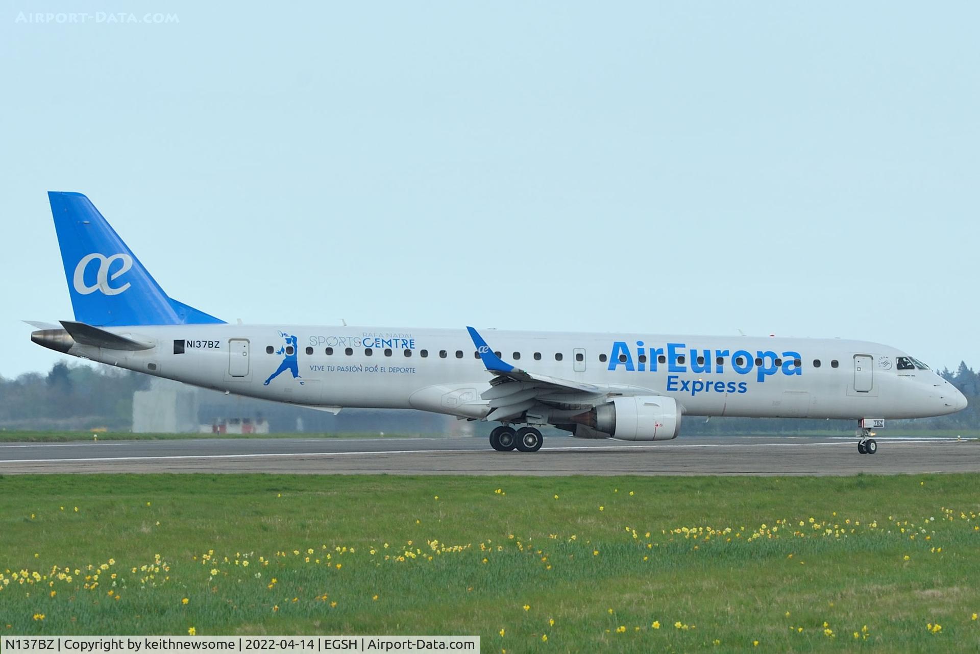 N137BZ, Embraer EMB 190-200LR C/N 19000196, Returning to Norwich following aborted flight to Keflavik, Iceland.