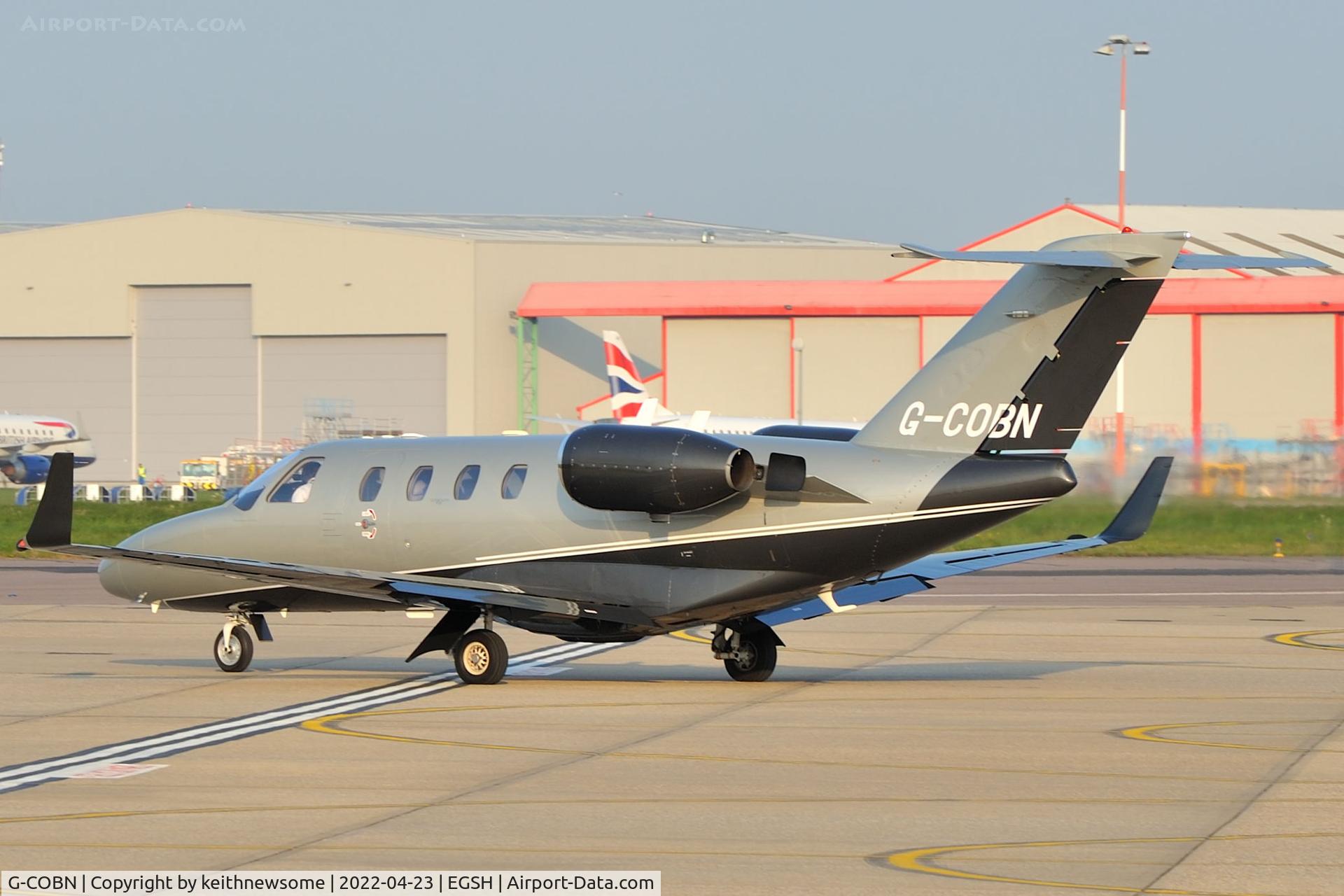 G-COBN, 2001 Cessna 525 CitationJet CJ1 C/N 525-0429, Leaving Norwich for Luton.