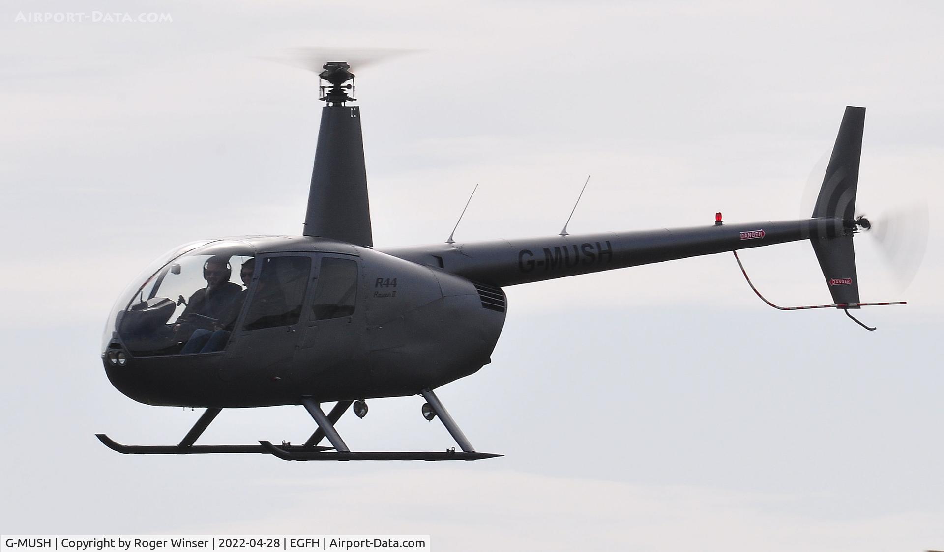 G-MUSH, 2004 Robinson R44 II C/N 10278, Resident helicopter arriving.