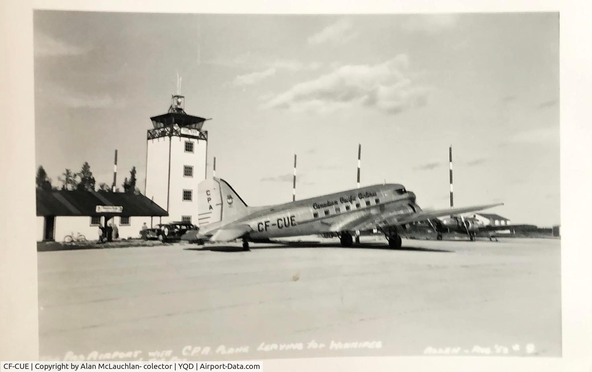 CF-CUE, 1942 Douglas C-47A Skytrain C/N 12983, Unused postcard from my collection showing CF-CUE at The Pas Airport, Manitoba