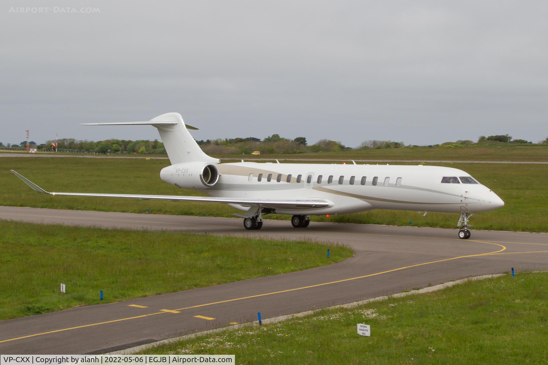 VP-CXX, 2021 Bombardier BD-700-2A12 Global 7500 C/N 70098, Taxiing after arrival at Guernsey