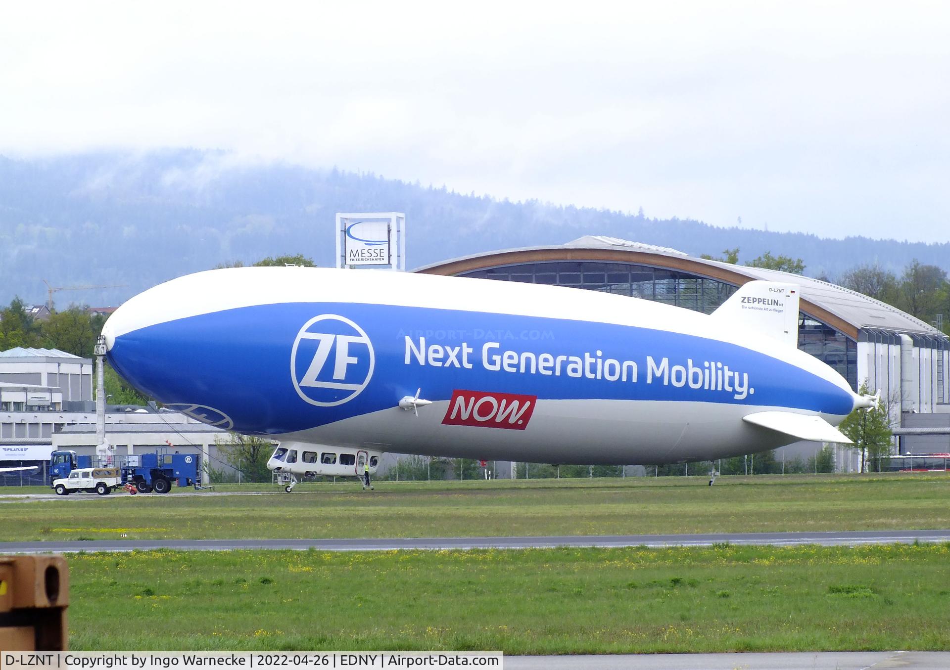 D-LZNT, 2007 Zeppelin LZ N07 C/N 4, Zeppelin NT - Deutsche Zeppelin Reederei moored at Friedrichshafen in front of the trade fairground