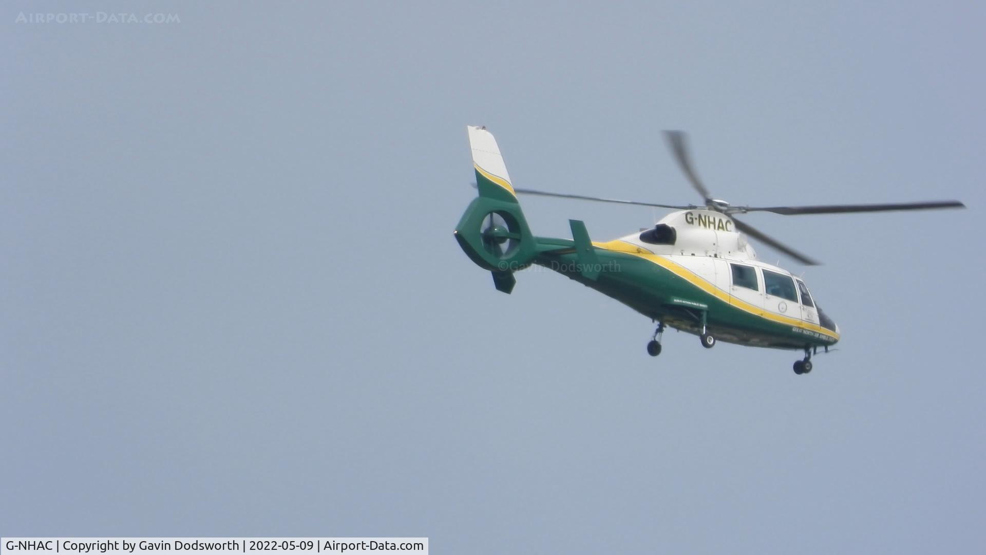 G-NHAC, 1996 Eurocopter AS-365N-2 Dauphin 2 C/N 6497, Over Darlington on May 9th 2022 preparing to land at its base in Urlay Nook