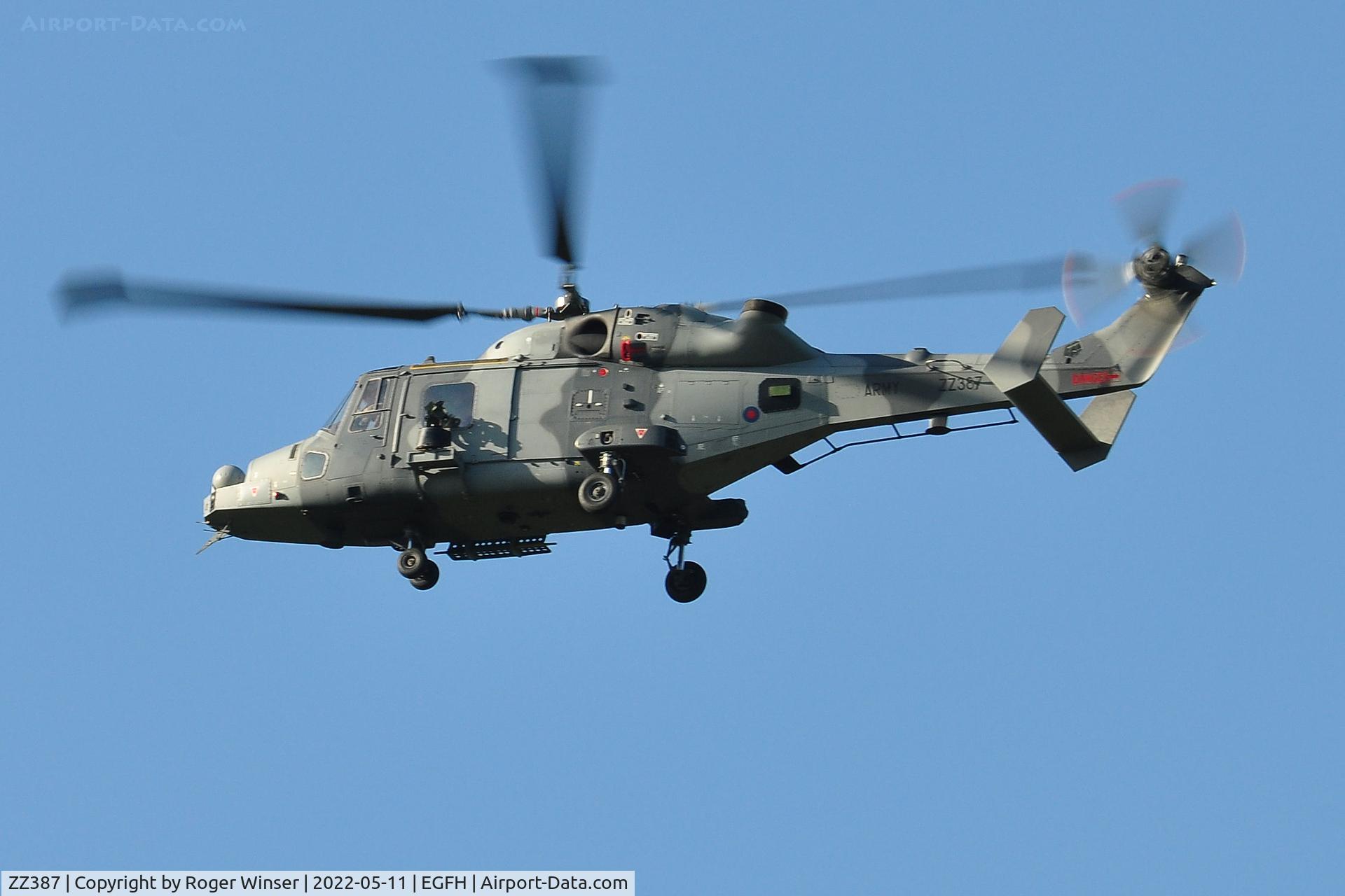 ZZ387, AgustaWestland AW-159 Wildcat AH.1 C/N 506, Royal Navy Wildcat operated by 847 NAS (c/s Marine 11) departing the airport after taking on fuel.