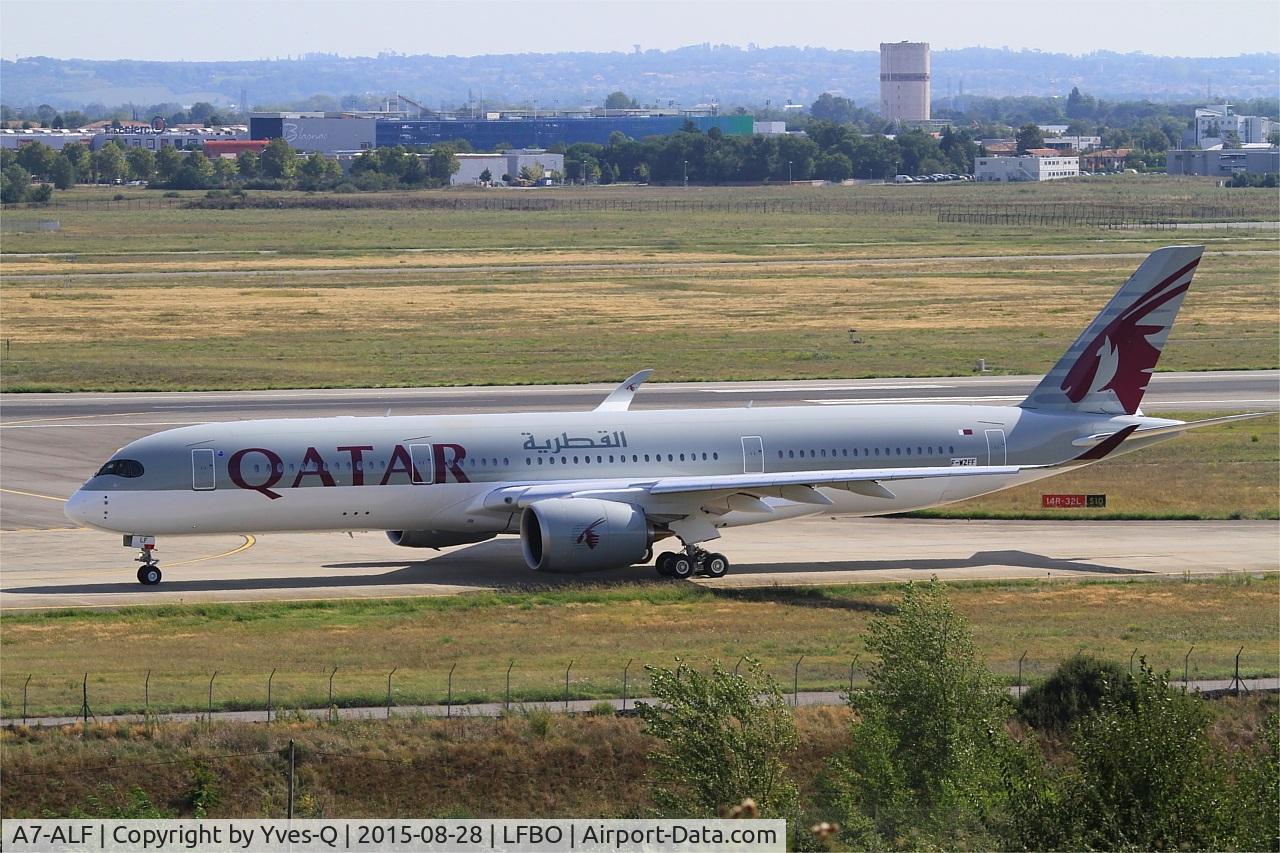 A7-ALF, 2015 Airbus A350-941 C/N 011, Airbus A350-941 with provisional registration, Taxiing to holding point rwy 14R, Toulouse-Blagnac airport (LFBO-TLS)