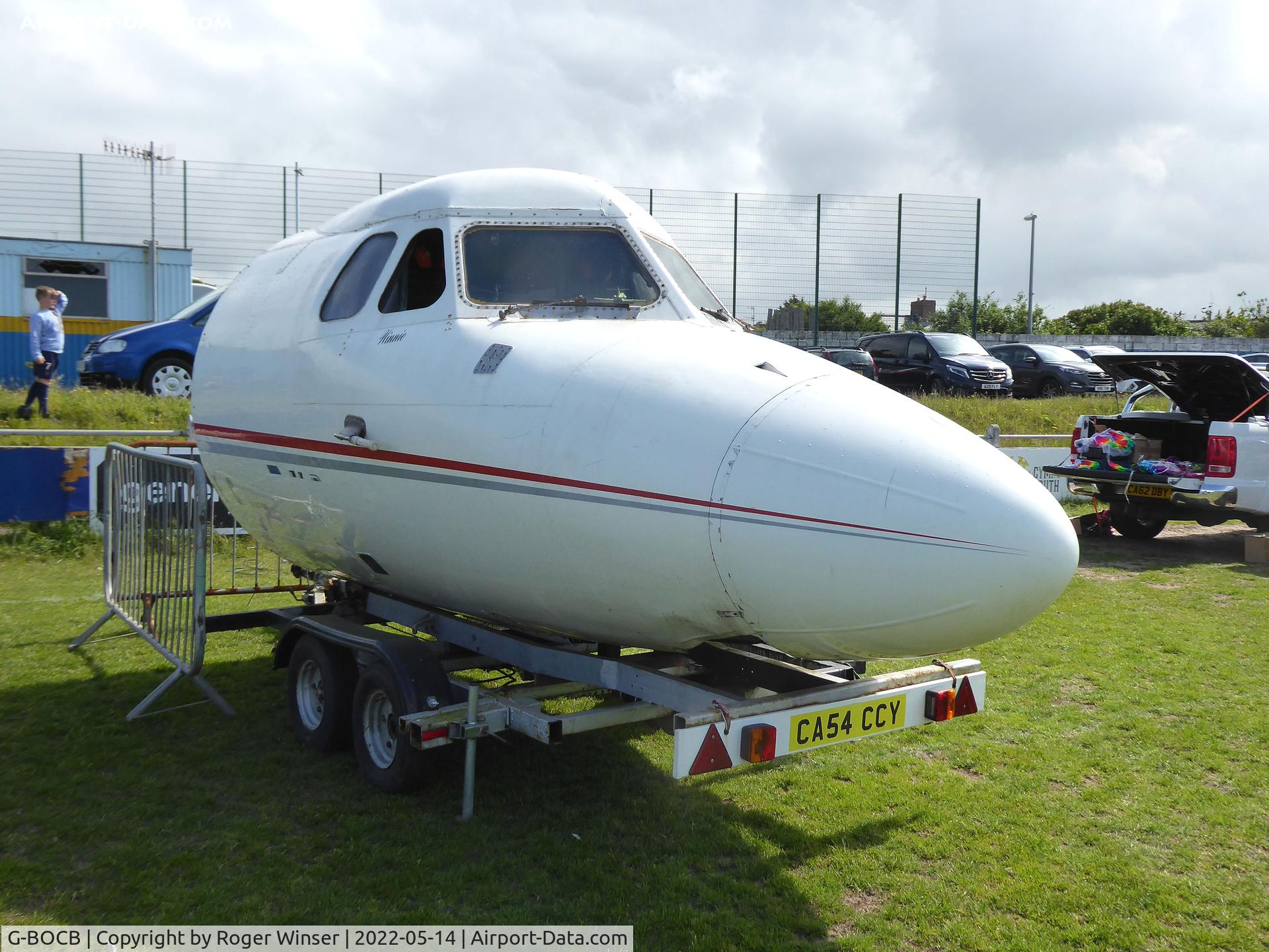 G-BOCB, 1966 Hawker Siddeley HS.125 Series 1B/522 C/N 25106, Off airport. Forward fuselage on display at Port Talbot Town Football Club, Wales, UK.