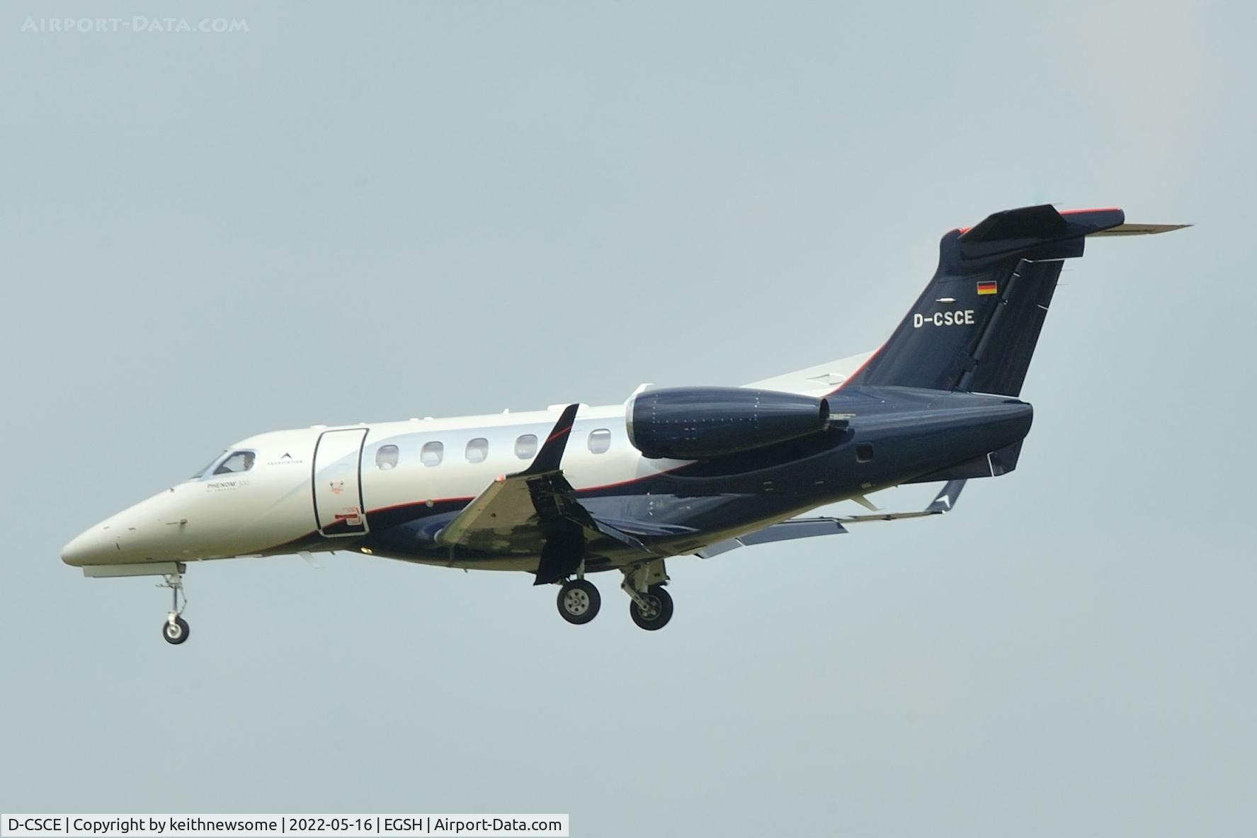 D-CSCE, 2017 Embraer EMB-550 Phenom 300 C/N 50500424, Arriving at Norwich from San Sebastian, Spain.