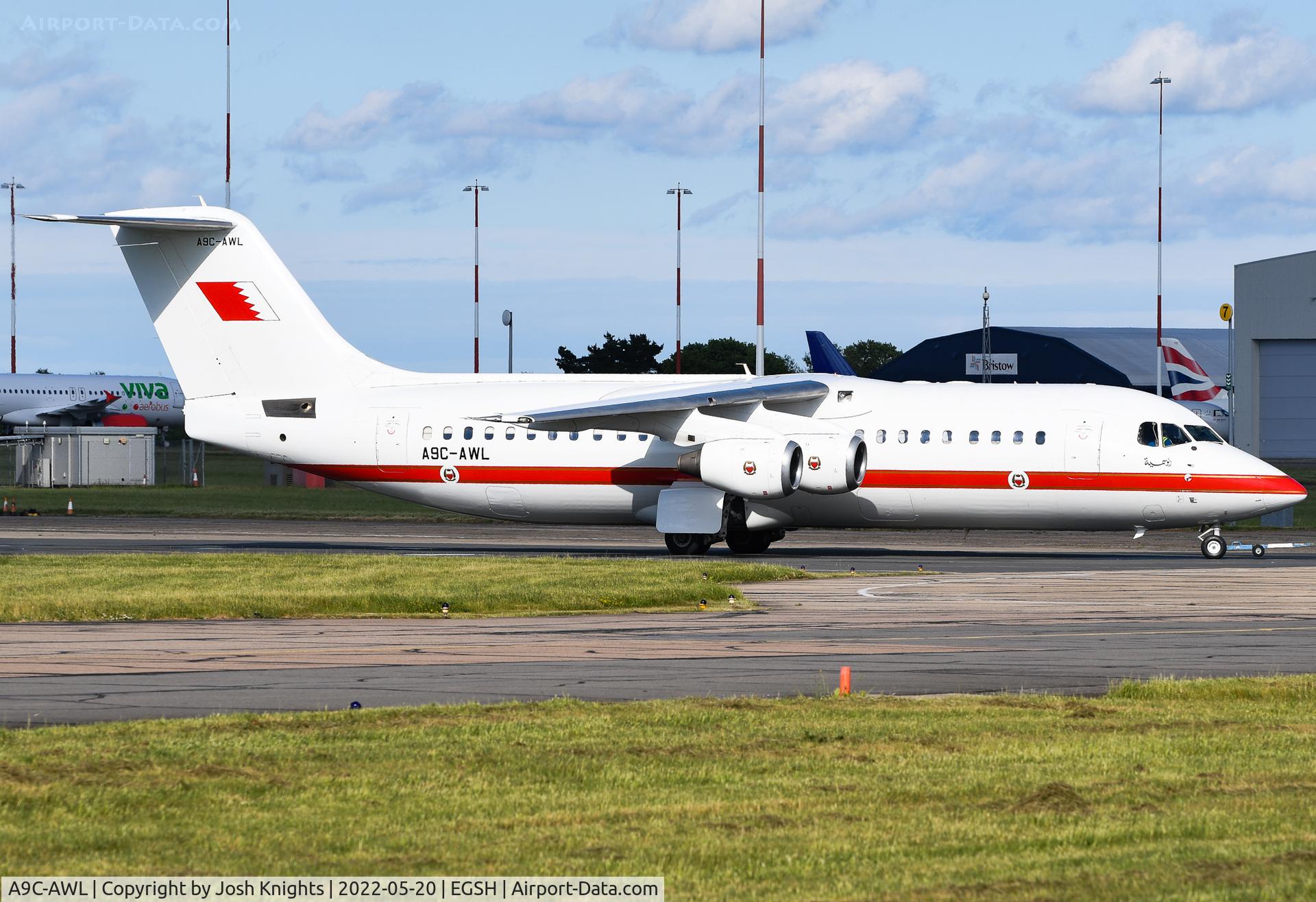 A9C-AWL, 2001 British Aerospace Avro 146-RJ100 C/N E3386, On Tug With KLMUK Engineering.