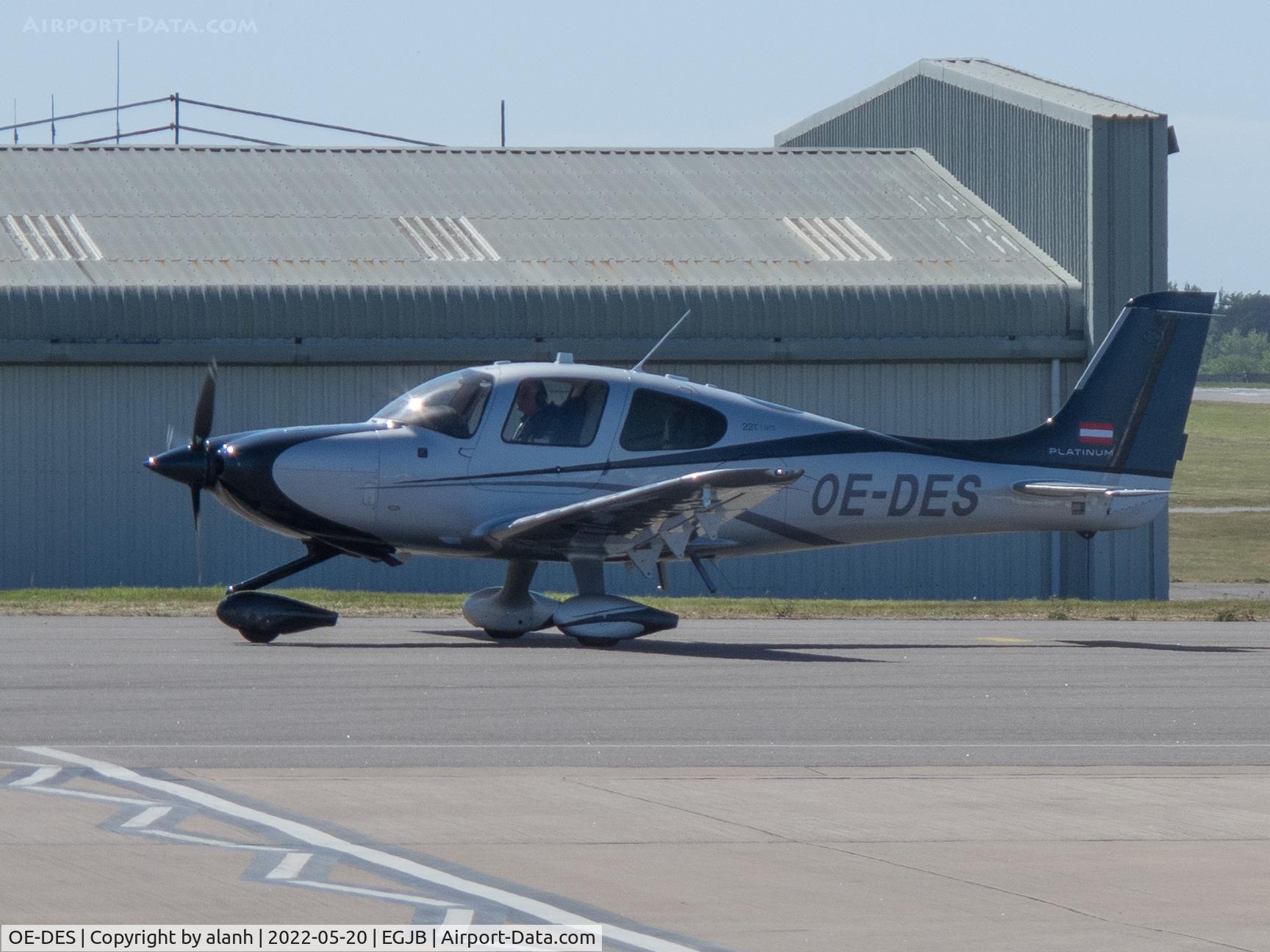 OE-DES, Cirrus SR-22T C/N 0936, Taxiing to park after arriving in Guernsey from Jersey