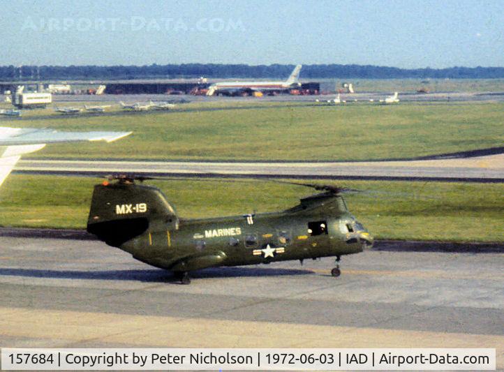 157684, Boeing Vertol CH-46F Sea Knight C/N 2583, CH-46F Sea Knight  of HMX-1 at MCAS Quantico, Virginia seen at Dulles Airport on June 3,  1972.