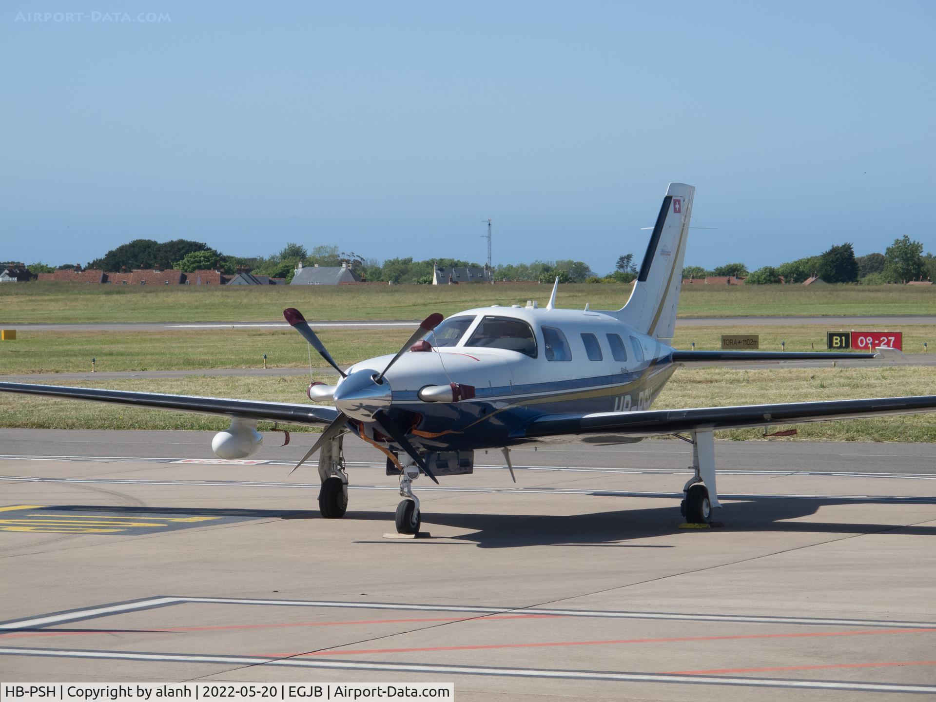 HB-PSH, 2002 Piper PA-46-500TP Maibu Meridian C/N 46-97143, Parked in Guernsey after arrival from Jersey