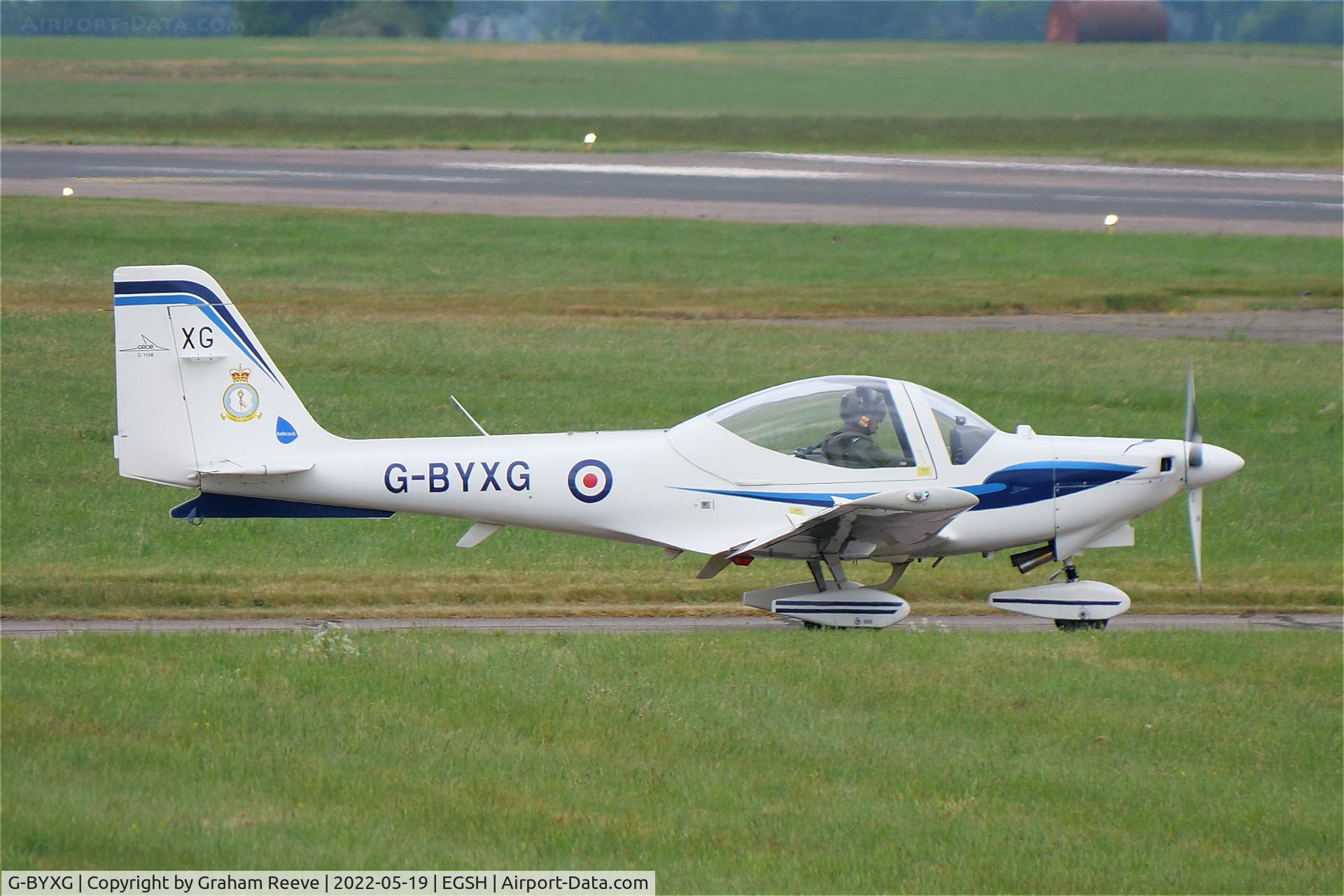 G-BYXG, 2001 Grob G-115E Tutor T1 C/N 82167/E, Departing from Norwich.