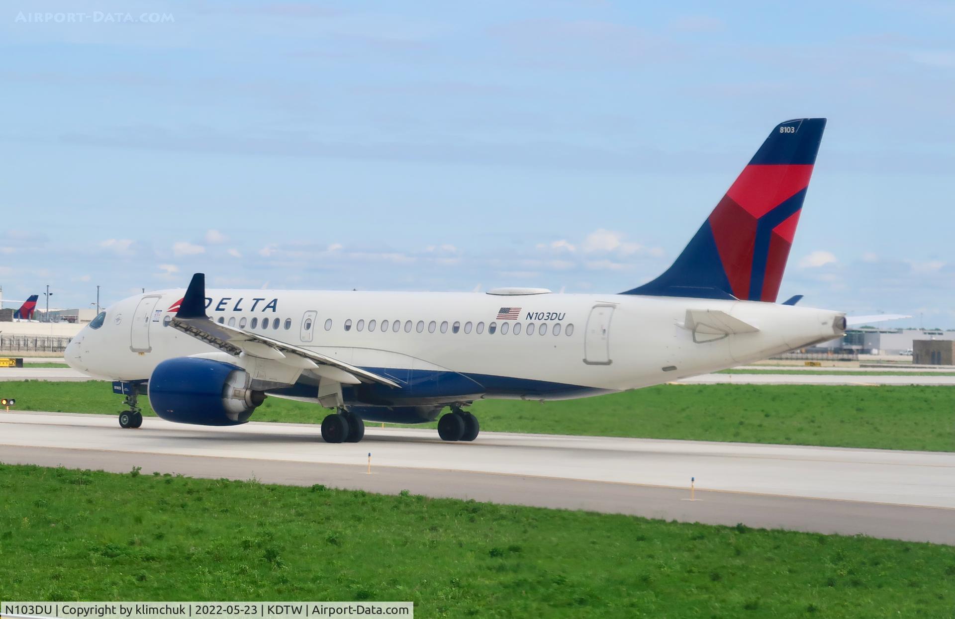 N103DU, 2018 Airbus A220-100 C/N 50022, Ready to enter runway in Detroit
