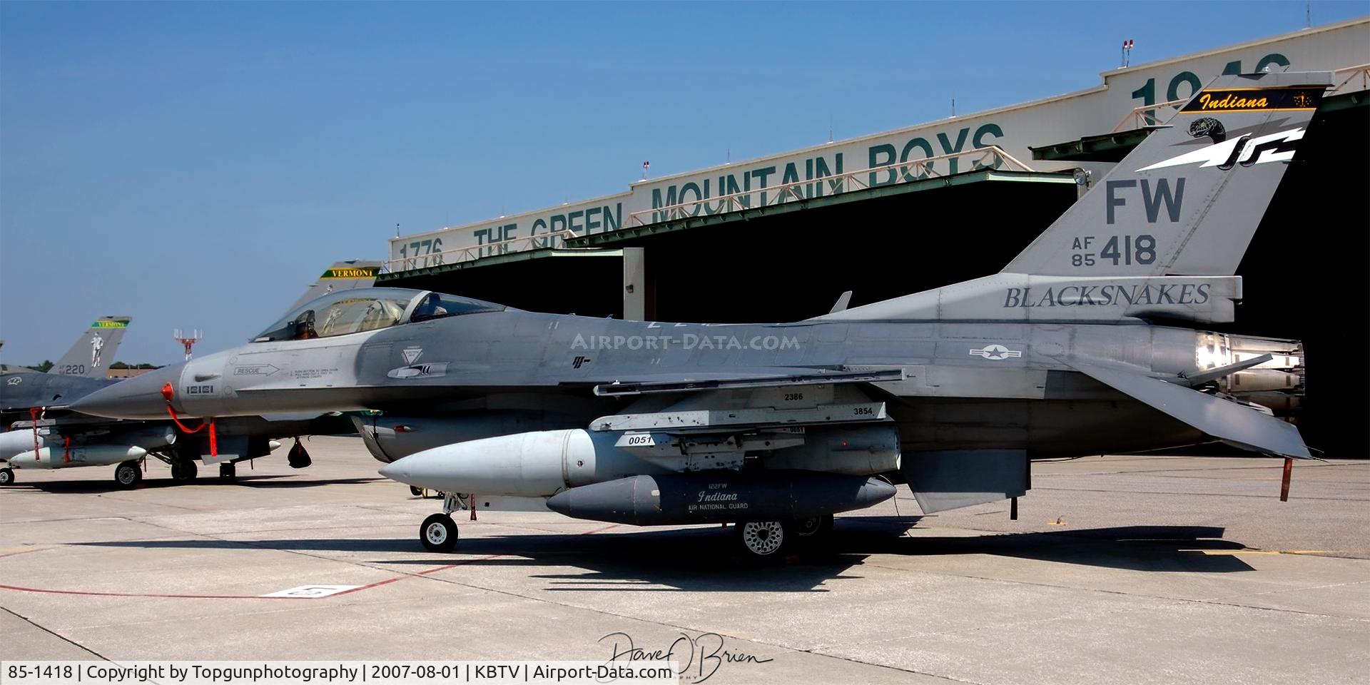 85-1418, 1983 General Dynamics F-16C Fighting Falcon C/N 5C-198, 163rd FS on the ramp of the 158th FW getting ready to head over seas together.